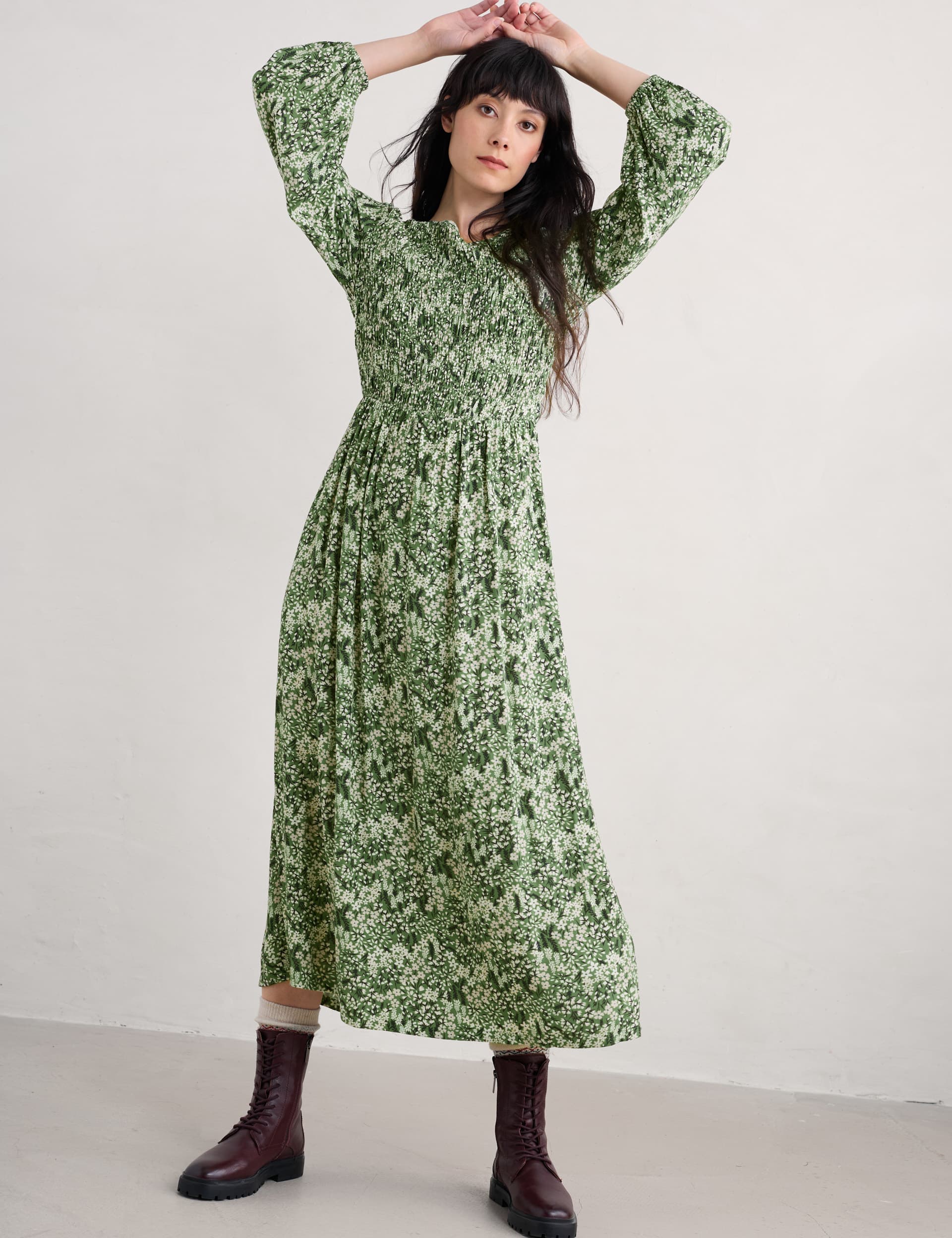 Seasalt Cornwall Women's Floral Round Neck Midaxi Waisted Dress - 14 - Green Mix, Green Mix