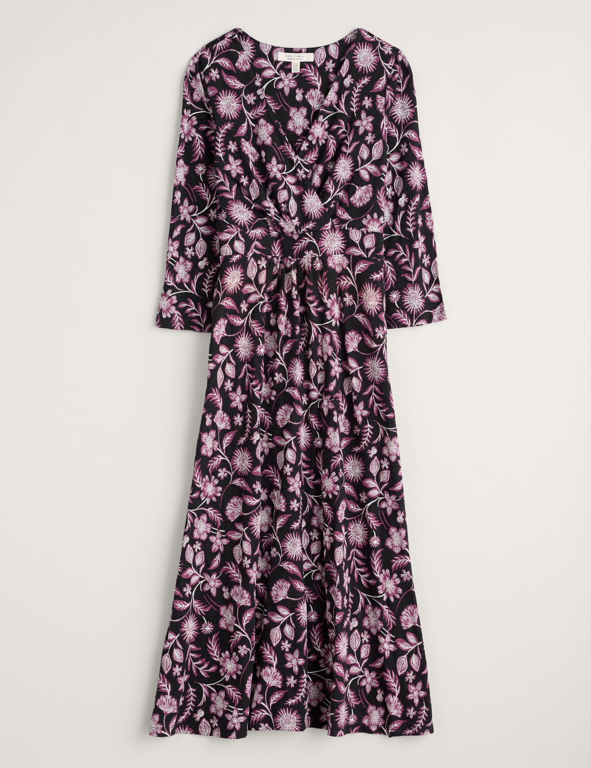 Seasalt Cornwall Women's Pure Cotton Floral V-Neck Midi Waisted Dress - 8 - Purple Mix, Purple Mix