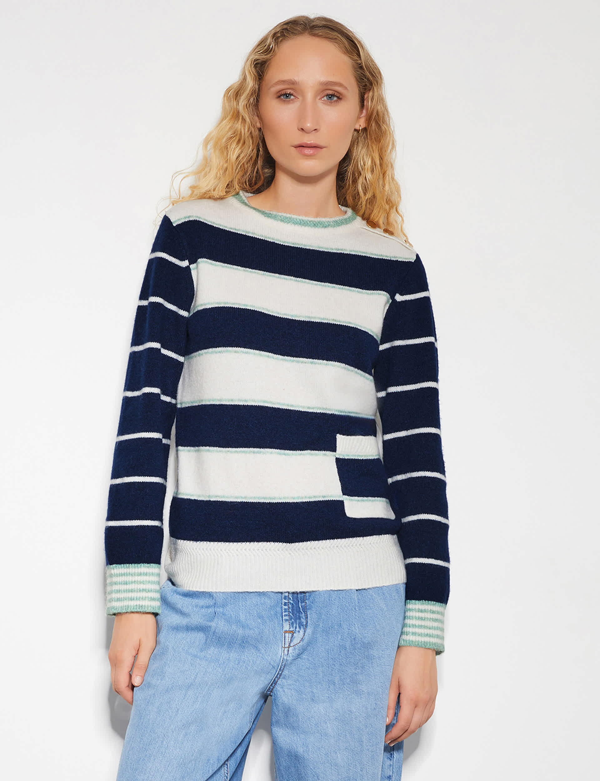 Monsoon Women's Striped Crew Neck Pocket Detail Jumper - Navy Mix, Navy Mix