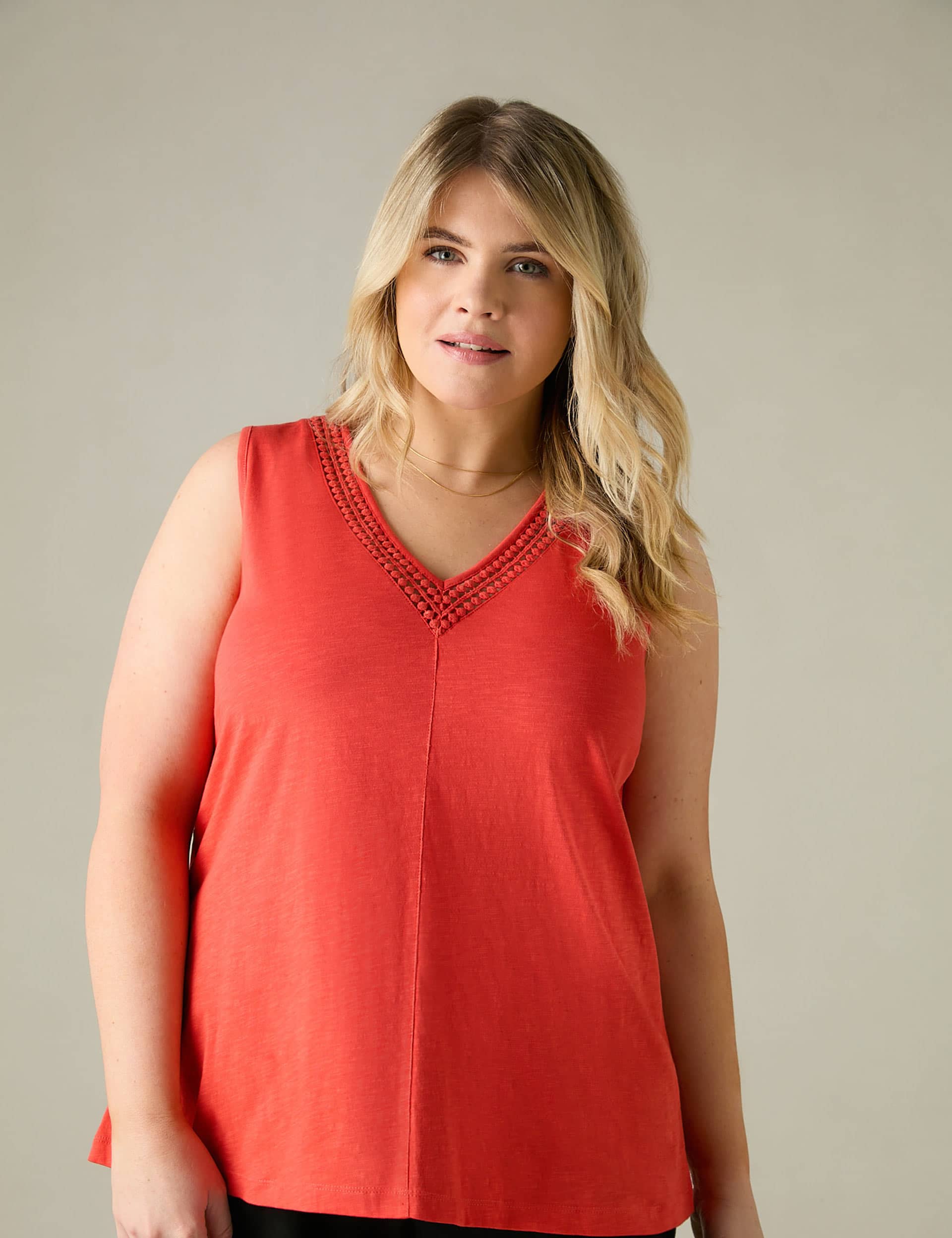 Live Unlimited London Women's Pure Cotton Broderie V-Neck Vest Top - 18 - Orange, Orange