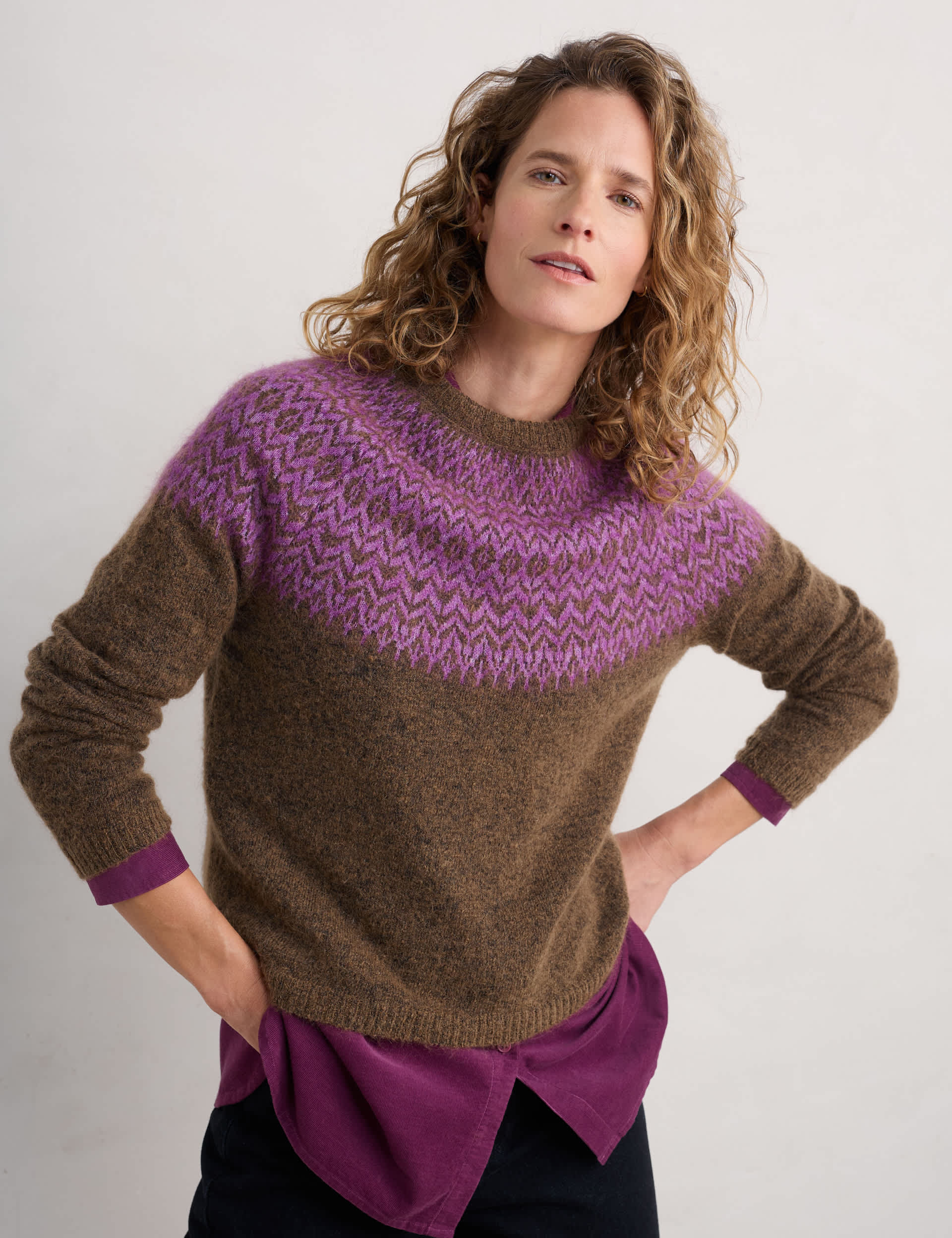 Seasalt Cornwall Women's Mohair Blend Fair Isle Yoke Relaxed Jumper - 12 - Brown Mix, Brown Mix