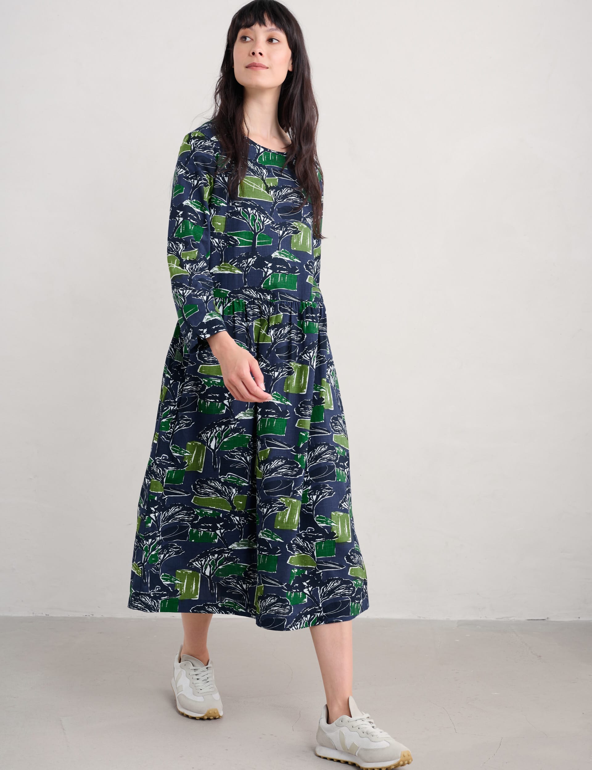 Seasalt Cornwall Women's Pure Cotton Printed Midi Waisted Dress - 14REG - Navy Mix, Navy Mix