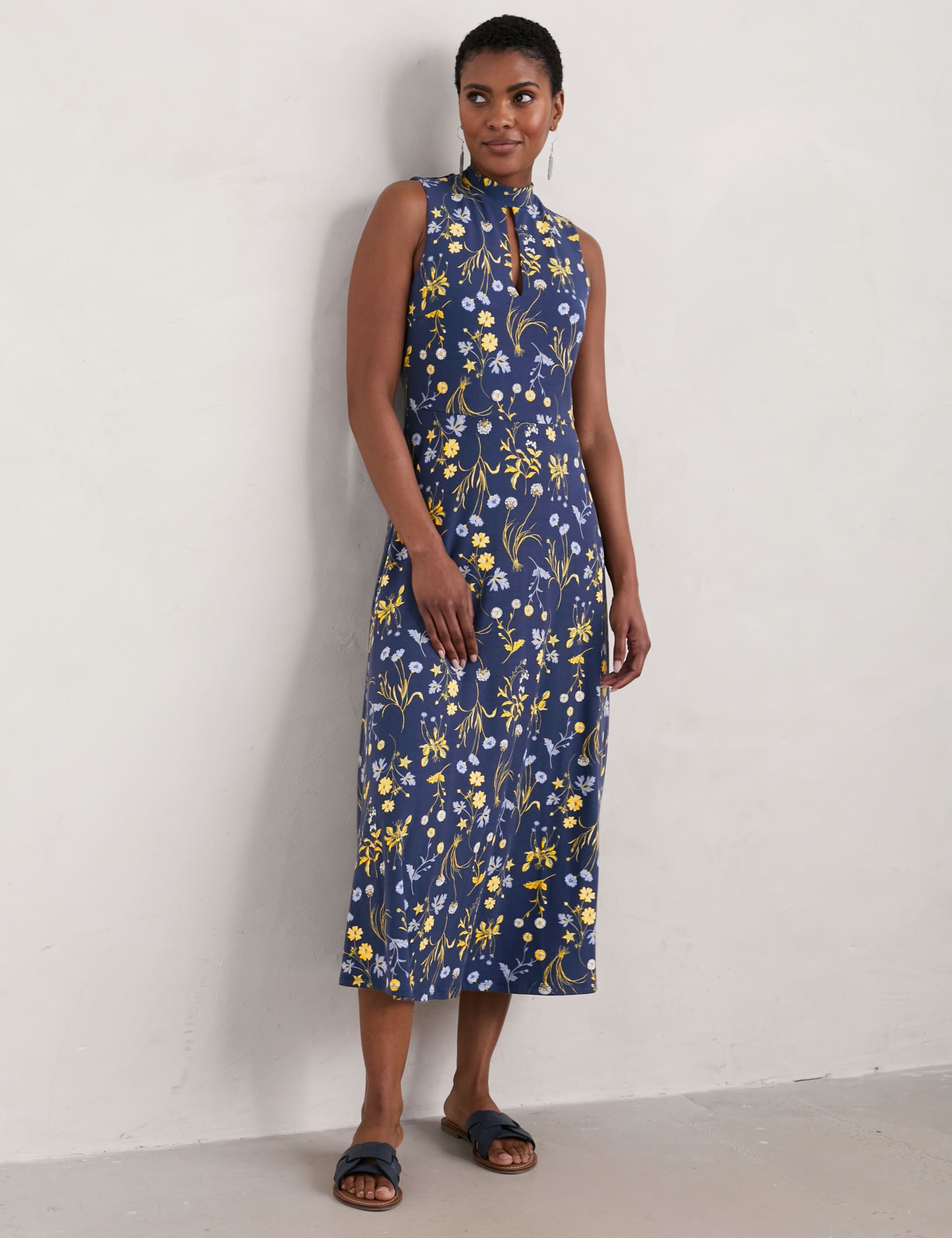 Seasalt Cornwall Women's Floral Keyhole Detail Midaxi Waisted Dress - 18 - Navy Mix, Navy Mix