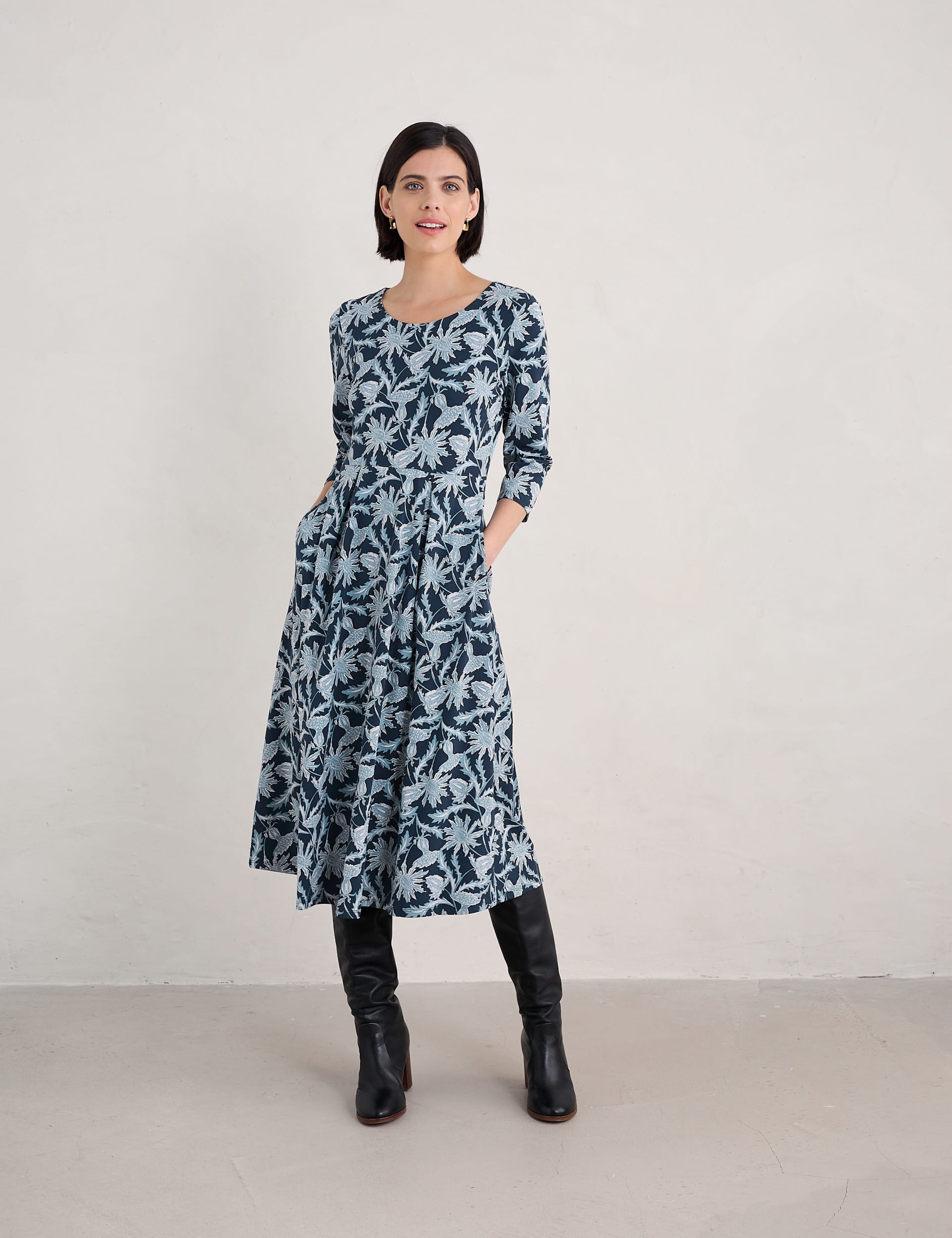 Seasalt Cornwall Women's Cotton Rich Floral Midi Waisted Dress - 20REG - Navy Mix, Navy Mix