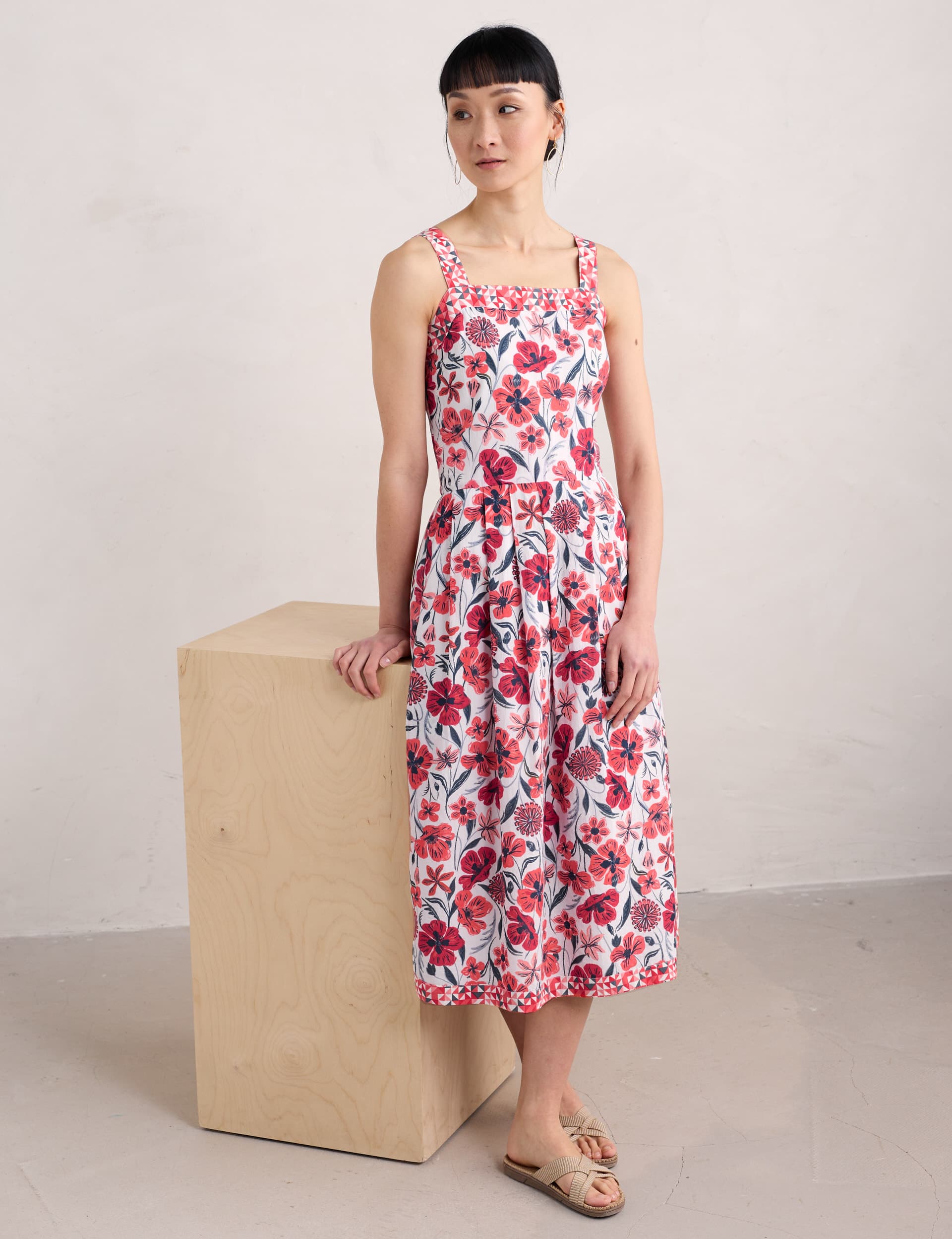 Seasalt Cornwall Women's Pure Cotton Floral Square Neck Waisted Dress - 22 - Red Mix, Red Mix