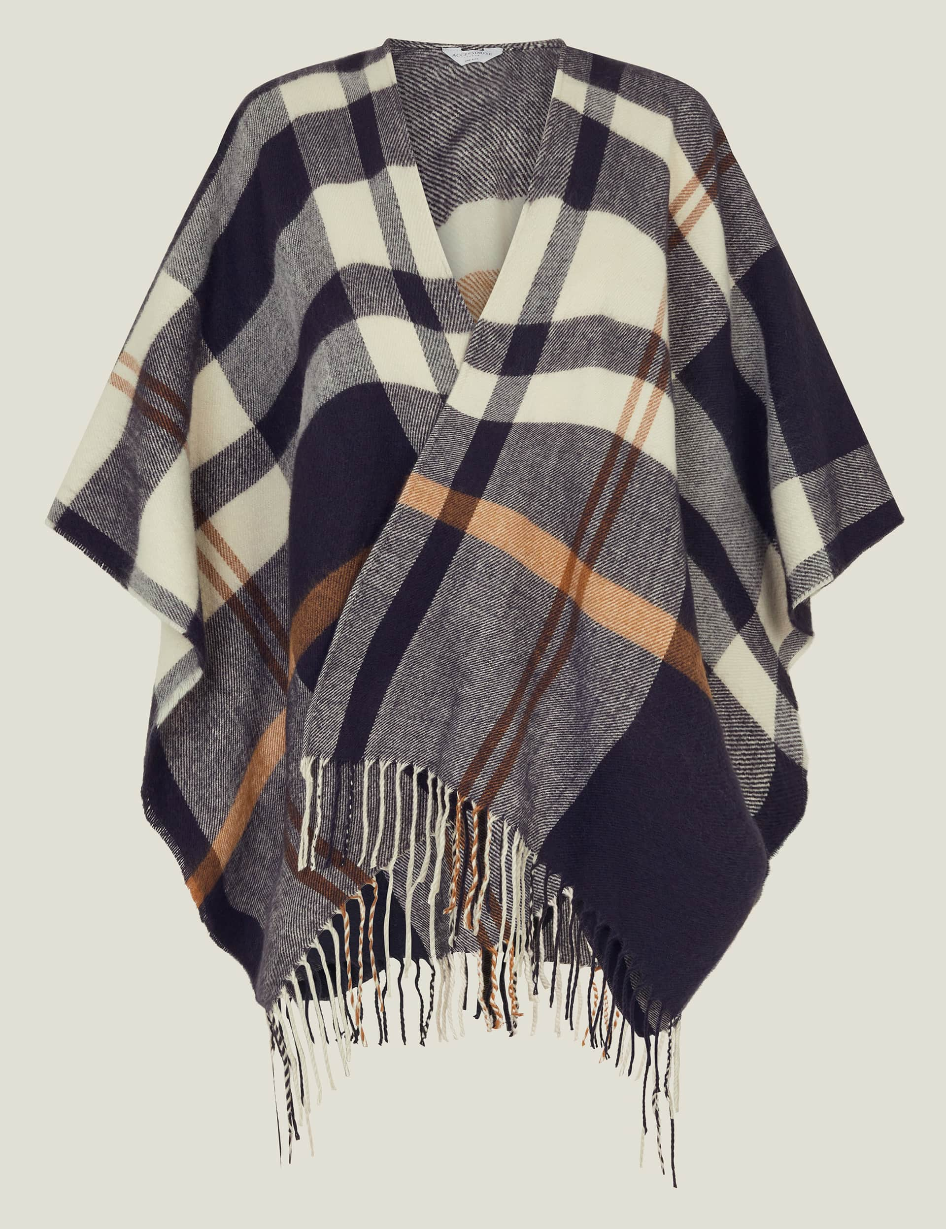 Accessorize Women's Checked Fringed Poncho - Black, Black