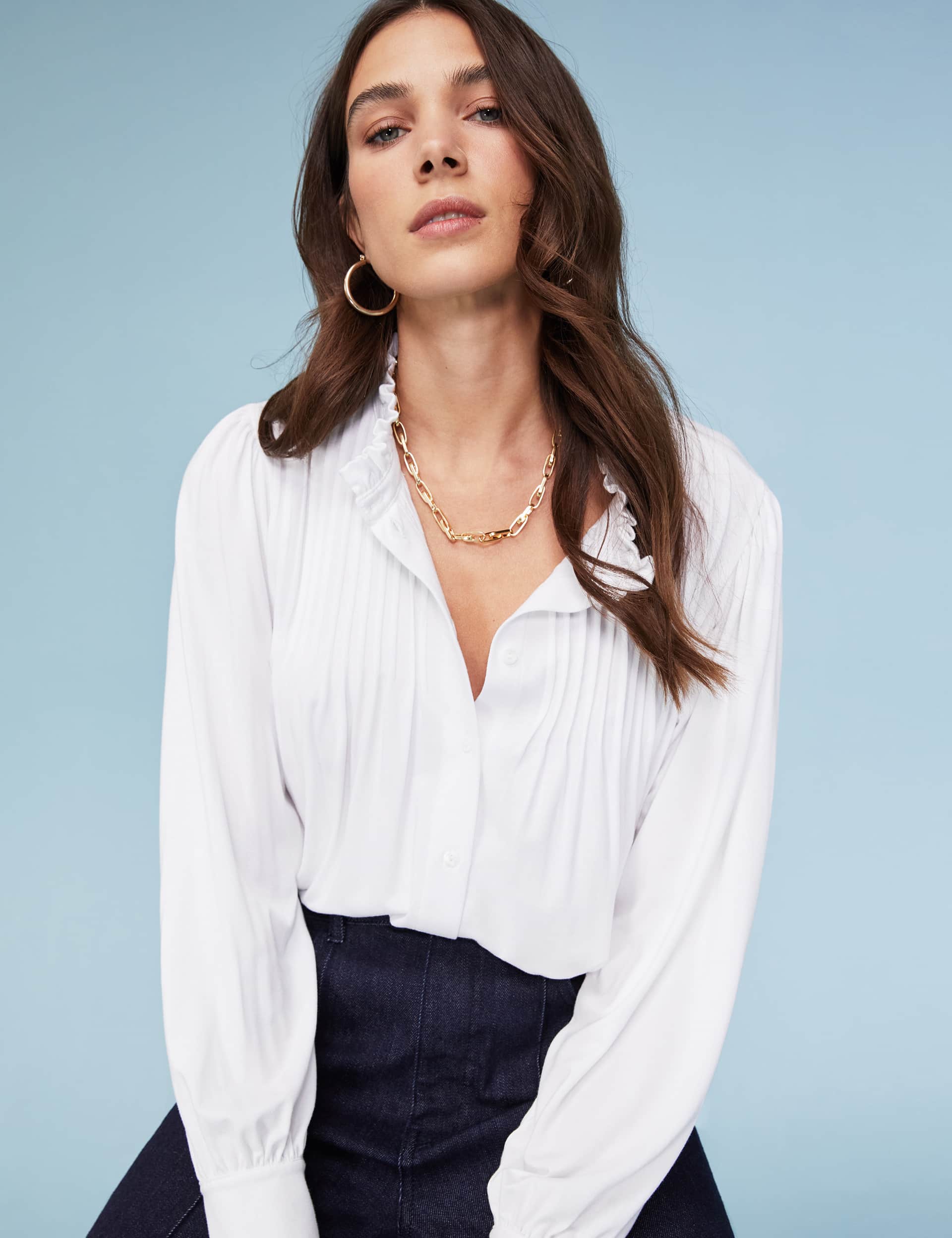 Baukjen Women's High Neck Relaxed Pintuck Blouse