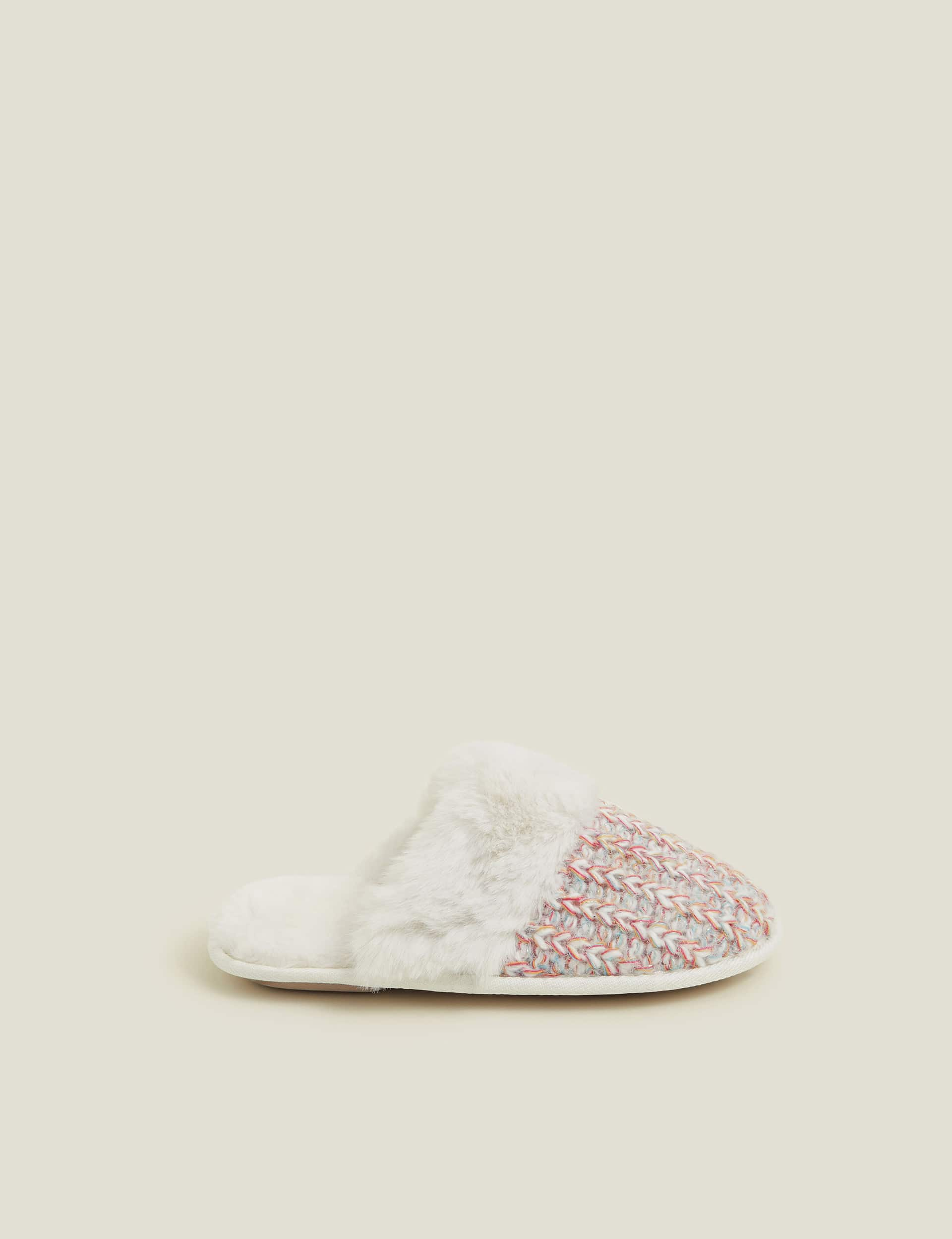 Accessorize Women's Faux Fur Cuff Mule Slippers - White Mix, White Mix