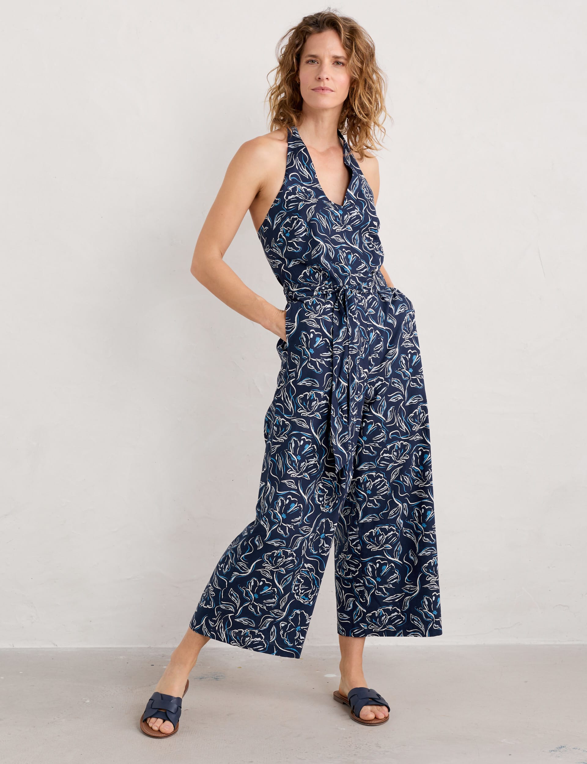 Seasalt Cornwall Women's Pure Cotton Floral Halterneck Jumpsuit - 16 - Navy Mix, Navy Mix