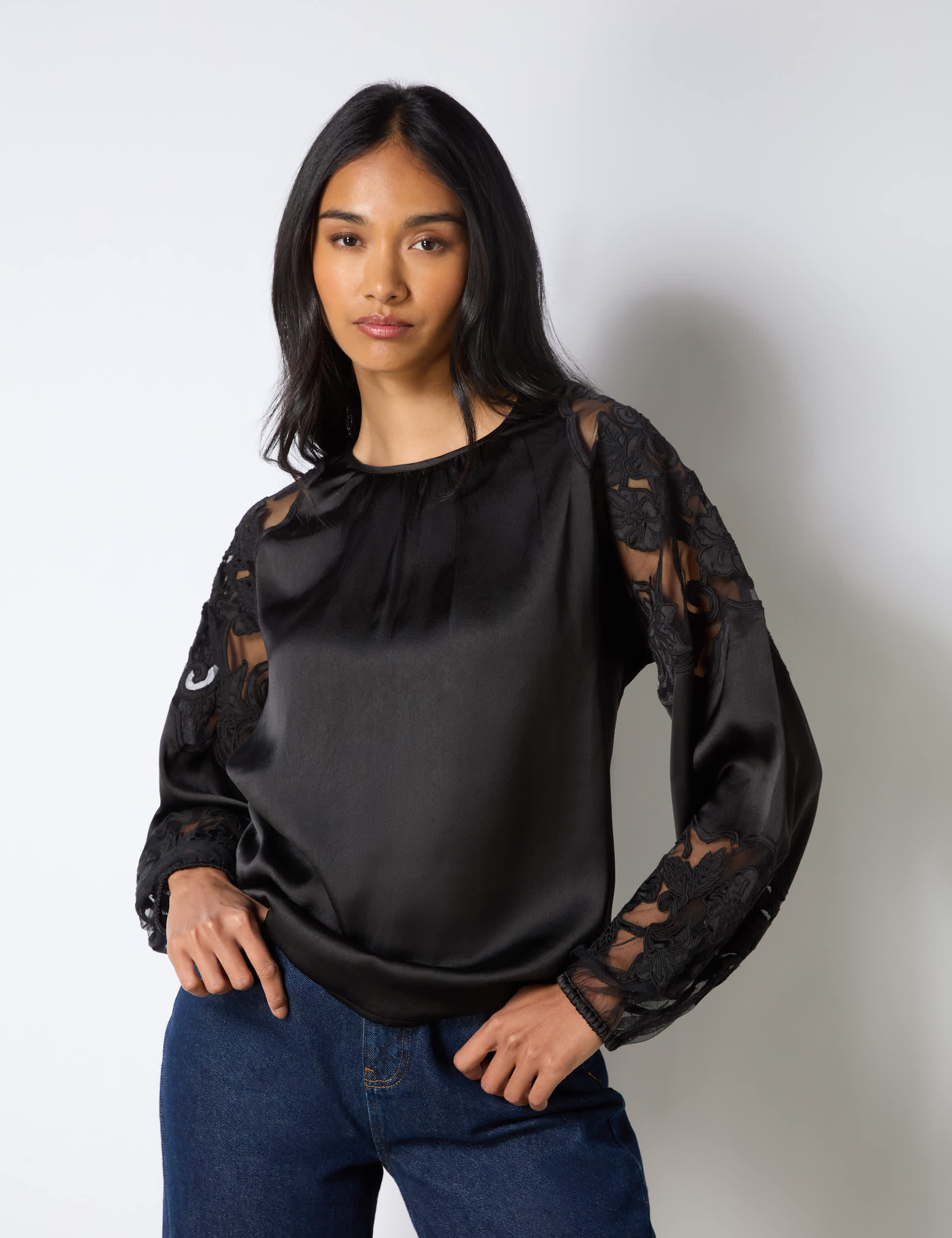 Ro&Zo Women's Satin Round Neck Lace Insert Blouse - 12REG - Black, Black,Ivory