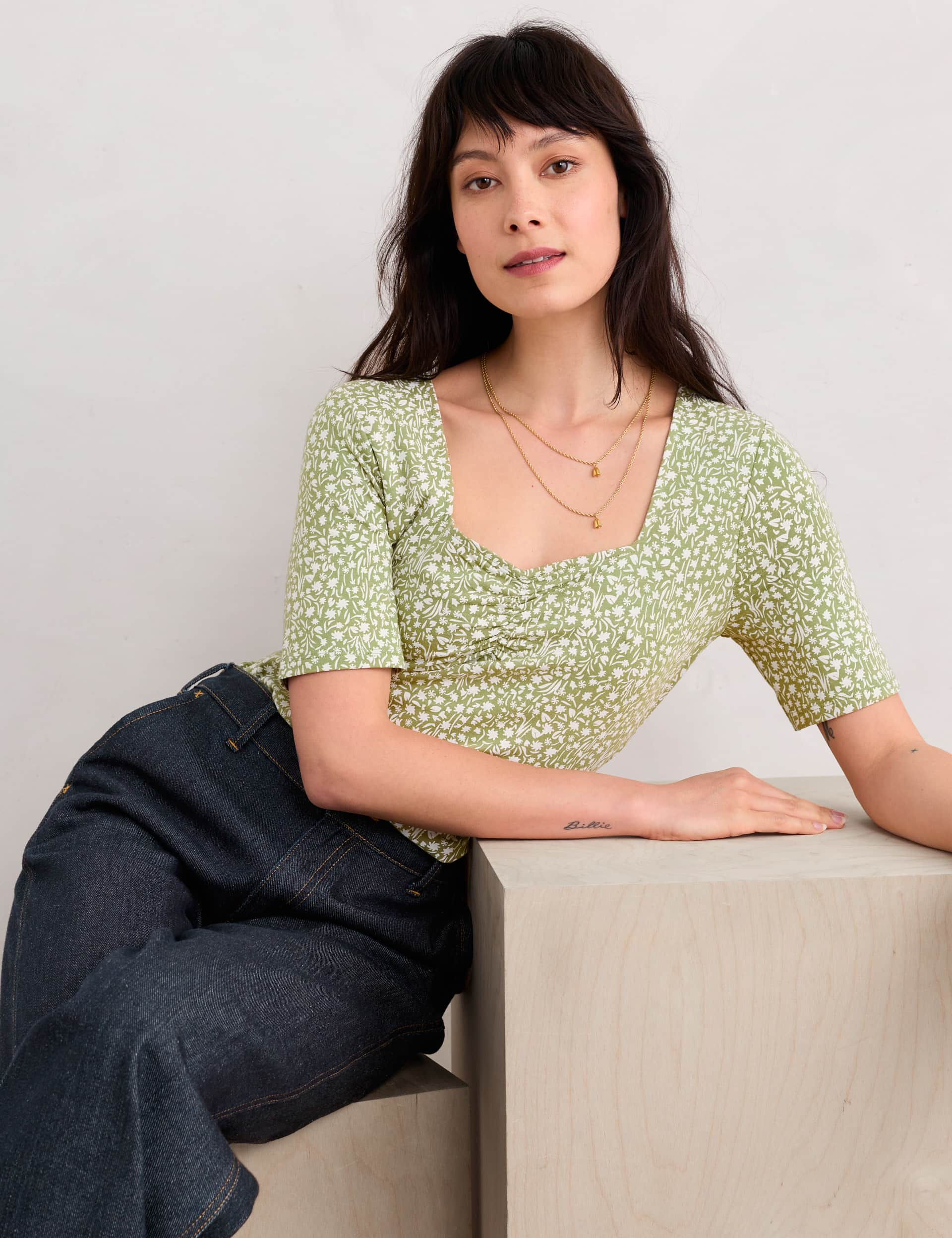 Seasalt Cornwall Women's Floral Square Neck T-Shirt - 18 - Green Mix, Green Mix