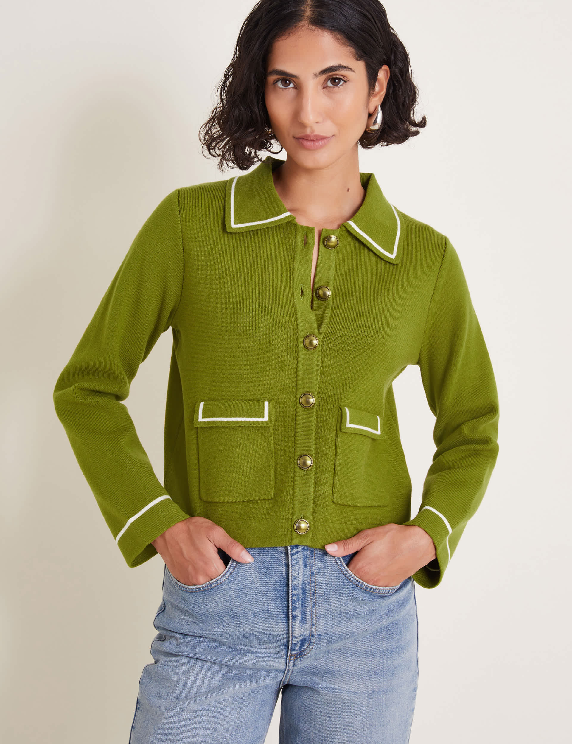 Monsoon Women's Collared Short Knitted Jacket - XXL - Olive, Olive