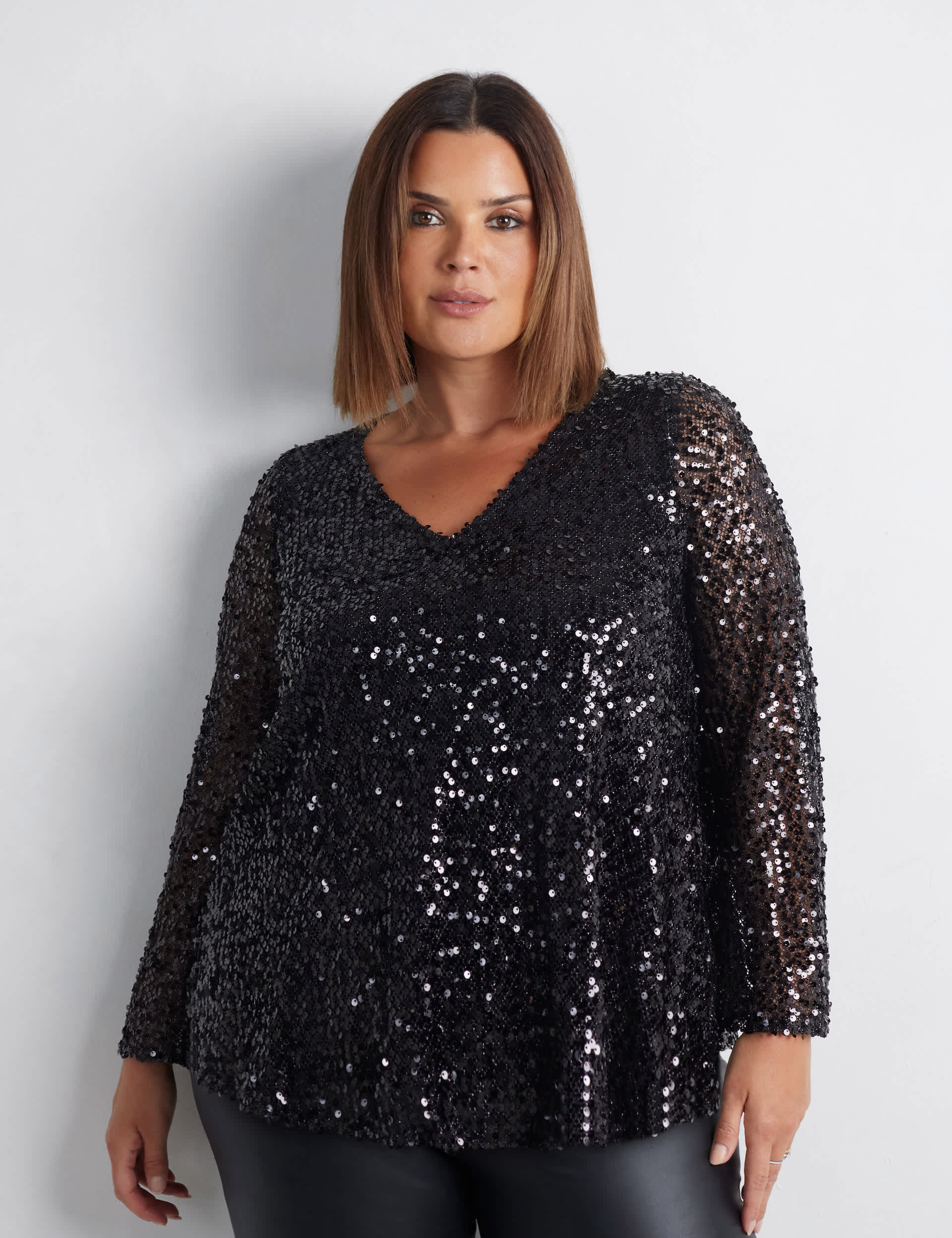 Live Unlimited London Women's Mesh Jersey Sequin V-Neck Top - 18 - Black, Black