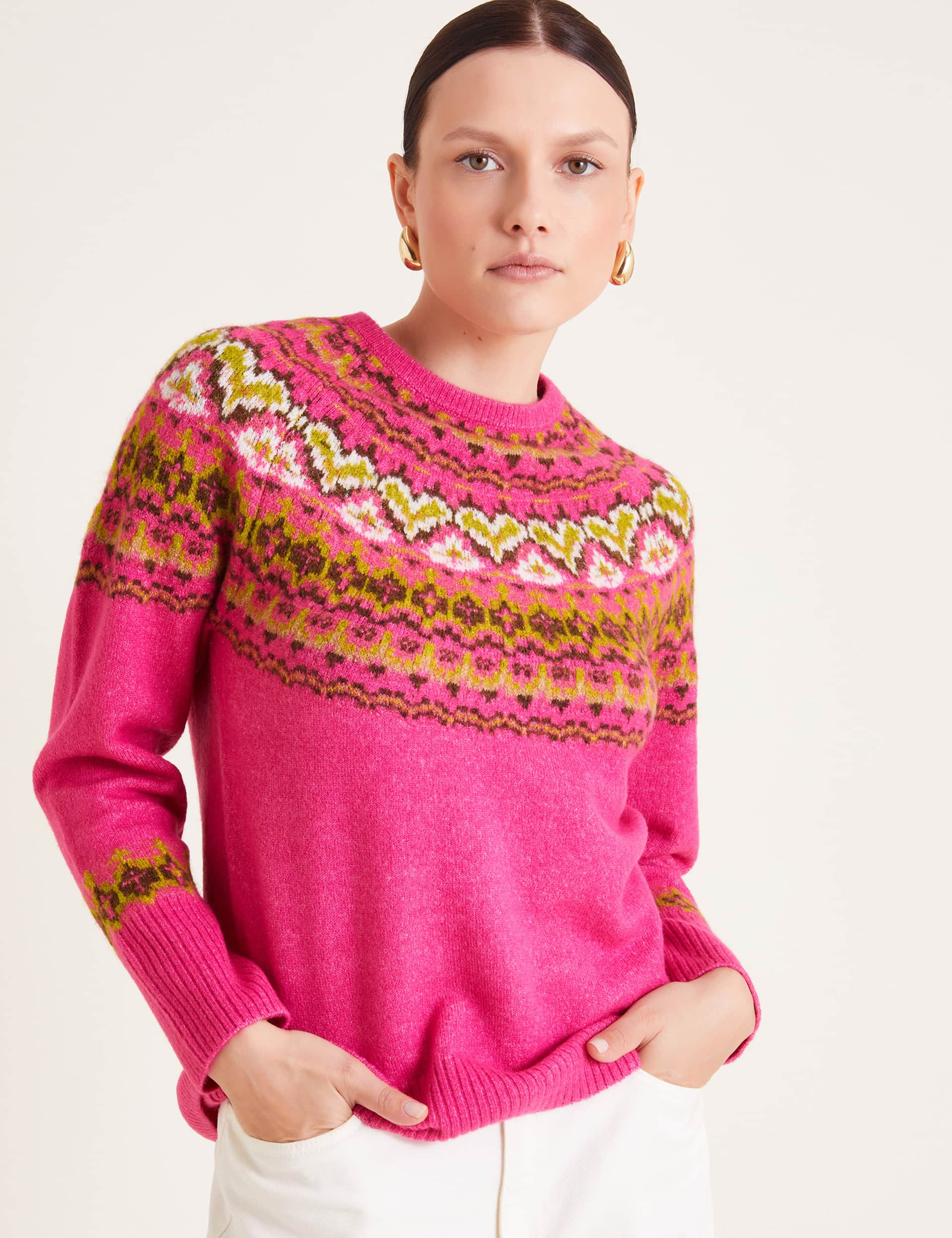 Monsoon Women's Fairisle Crew Neck Jumper - Pink Mix, Pink Mix