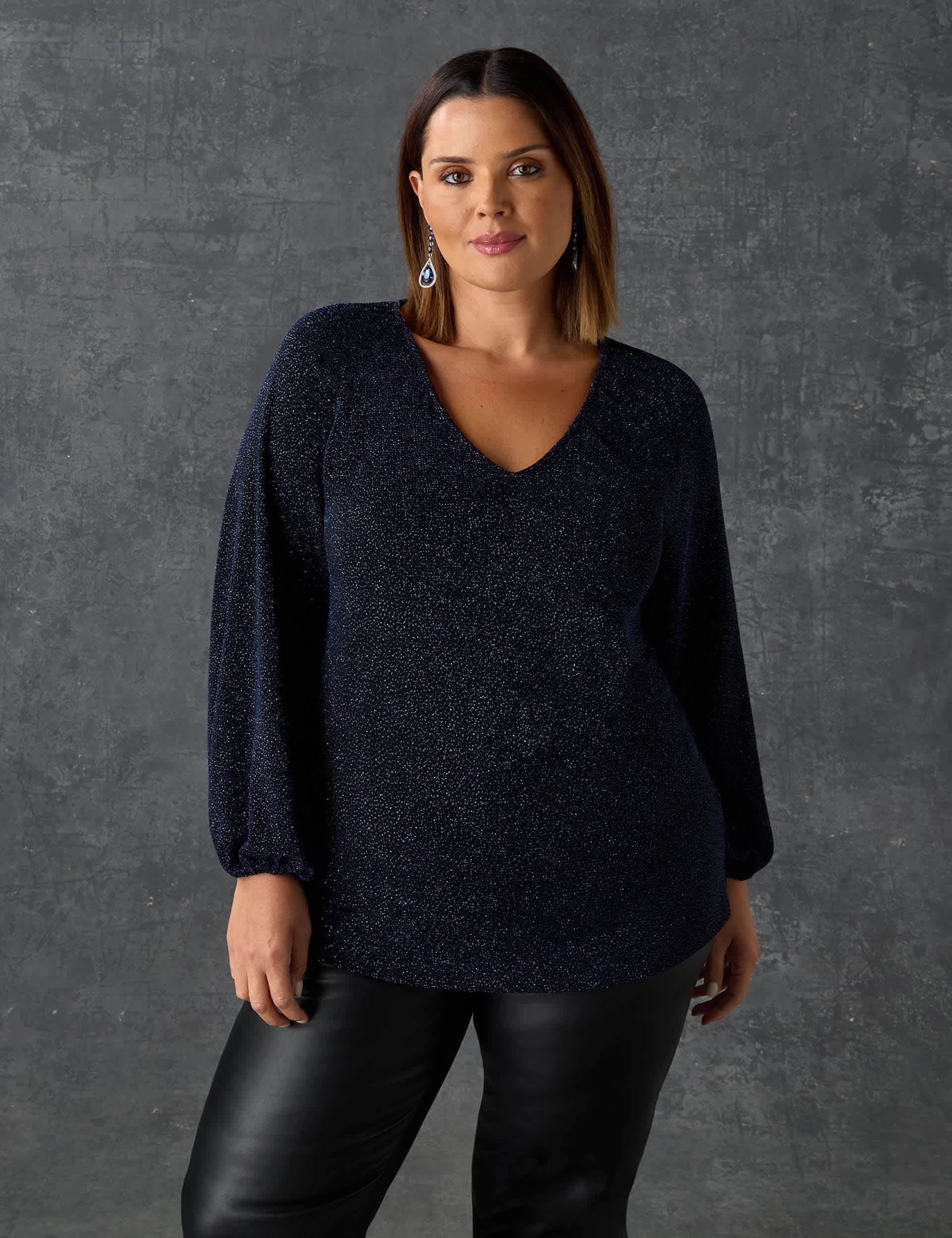 Live Unlimited London Women's Sparkly Jersey V-Neck Top - 22 - Navy, Navy