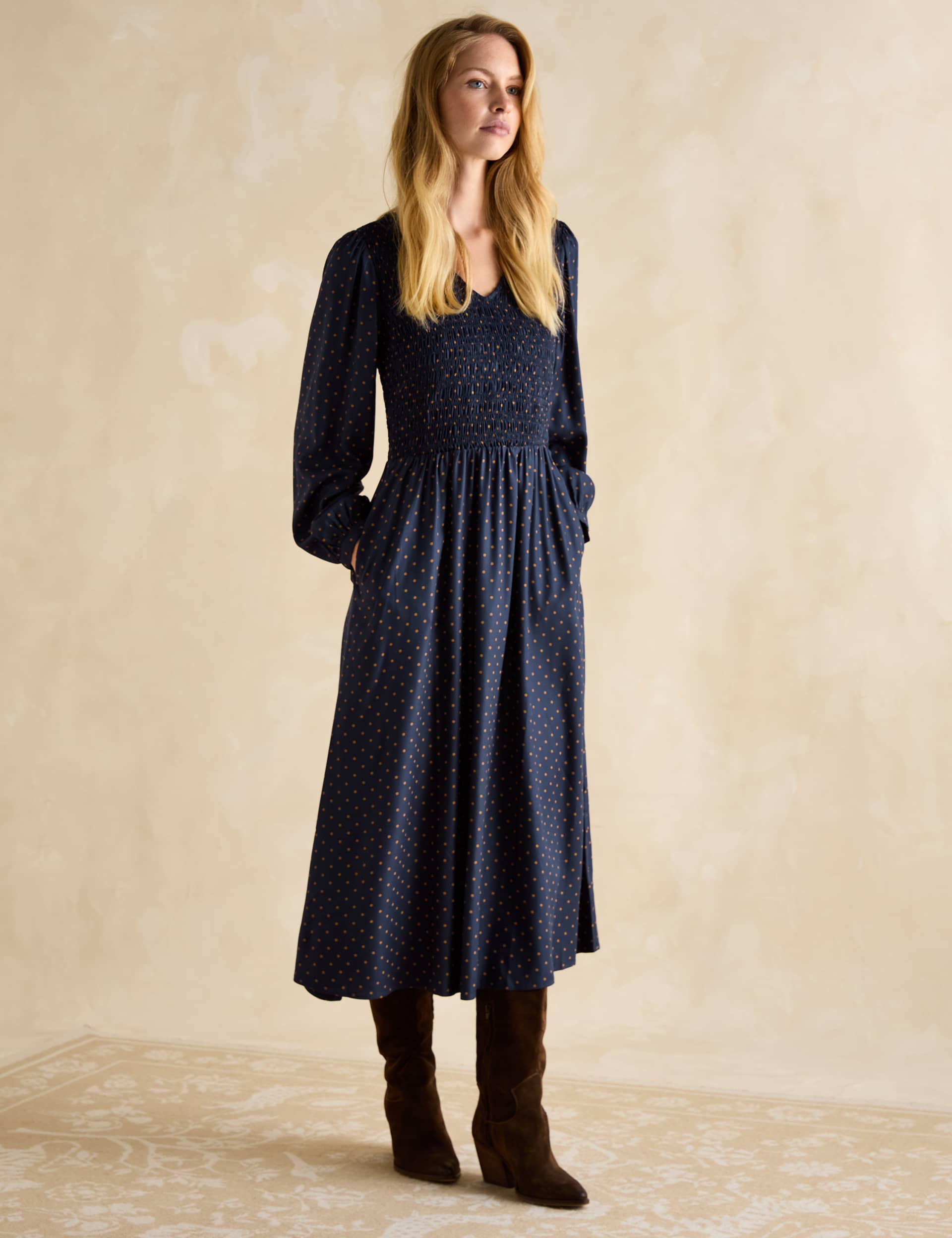 Joules Women's Polka Dot V-Neck Midaxi Waisted Dress - 16 - Navy Mix, Navy Mix