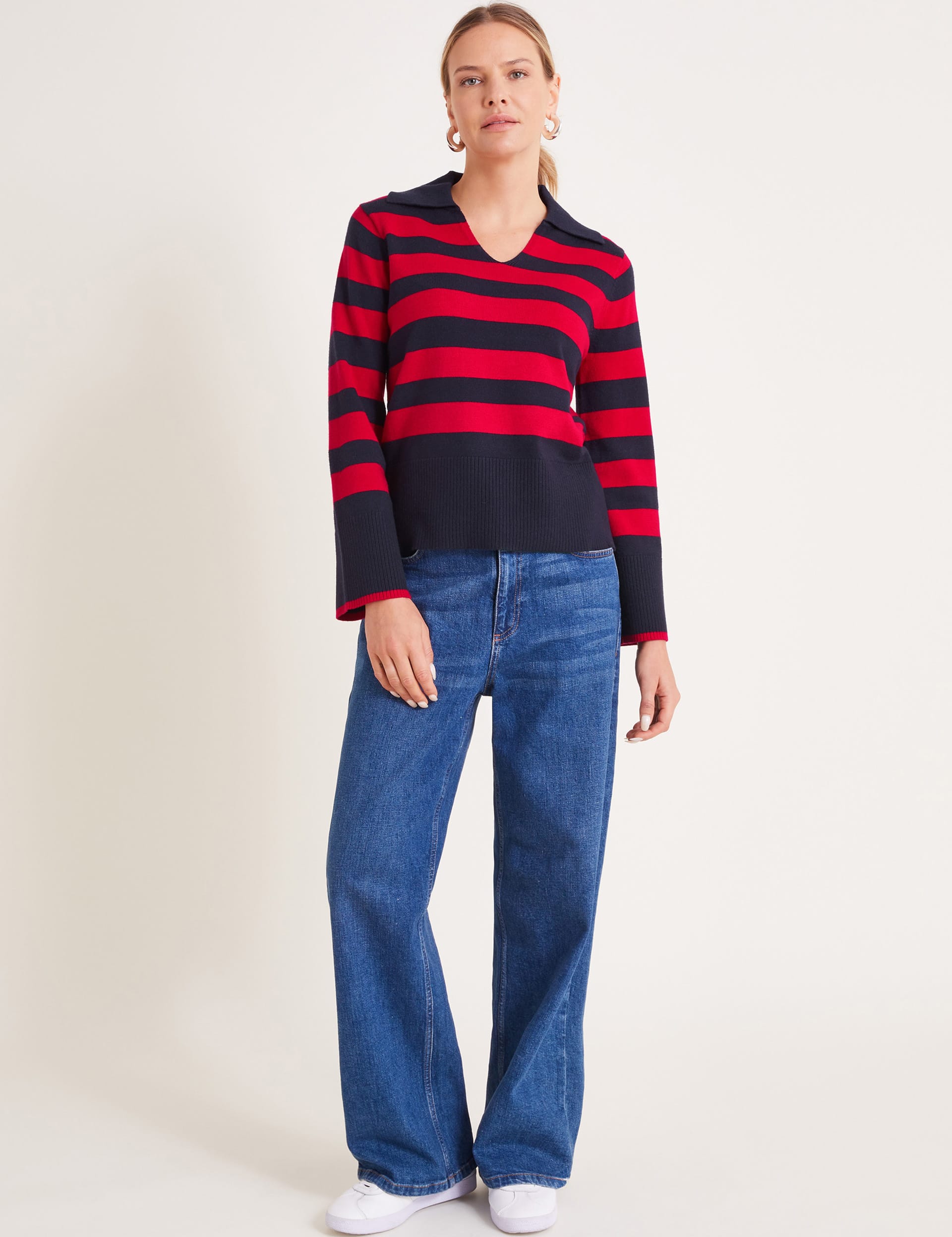 Monsoon Women's Striped Collared Jumper - Red Mix, Red Mix