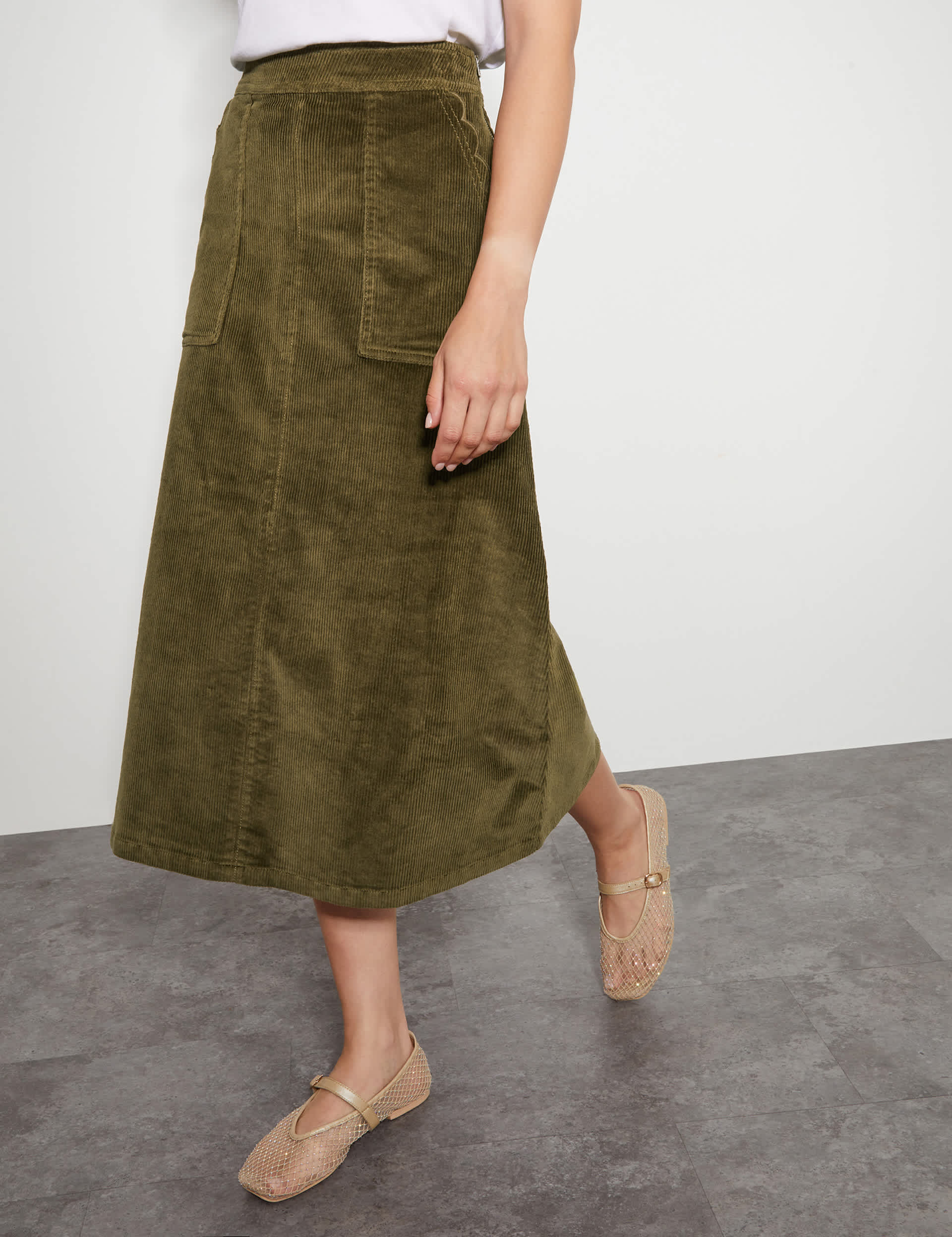 Monsoon Women's Cord Midi A-Line Skirt - 14 - Olive, Olive