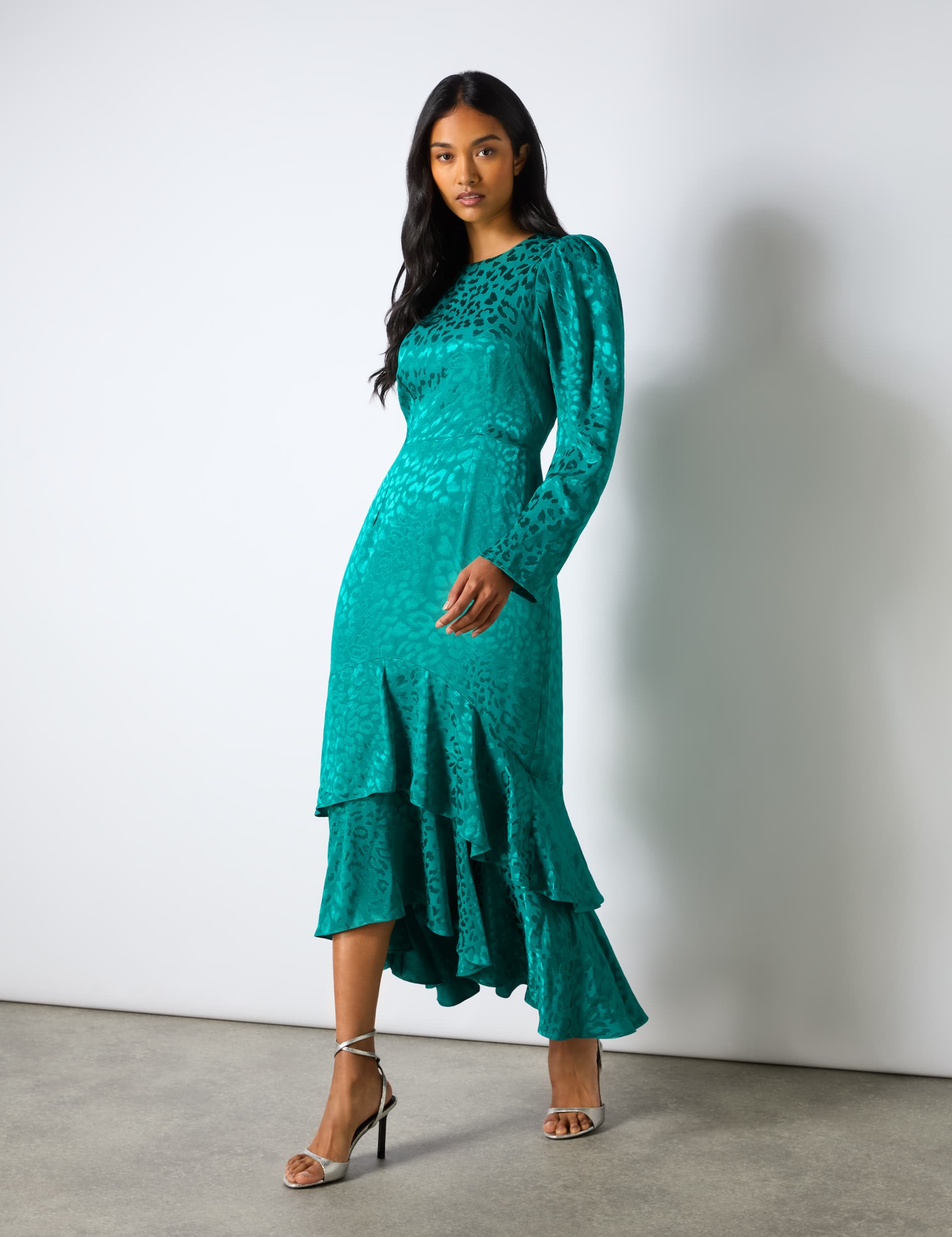 Ro&Zo Women's Jacquard Animal Print Frill Hem Maxi Tea Dress - 12REG - Teal, Teal