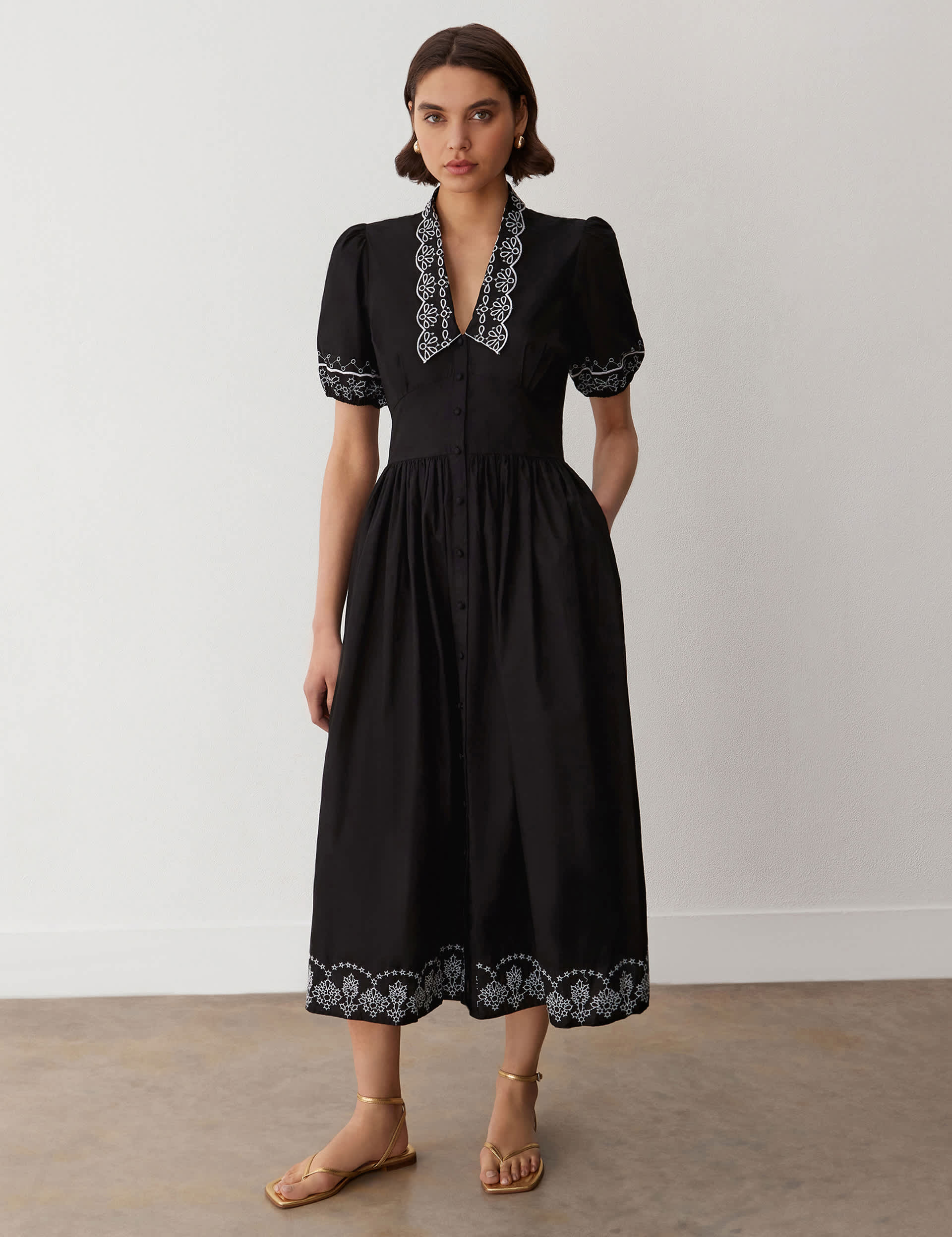 Finery London Women's Pure Cotton Embroidered Midi Tea Dress - 12 - Black, Black