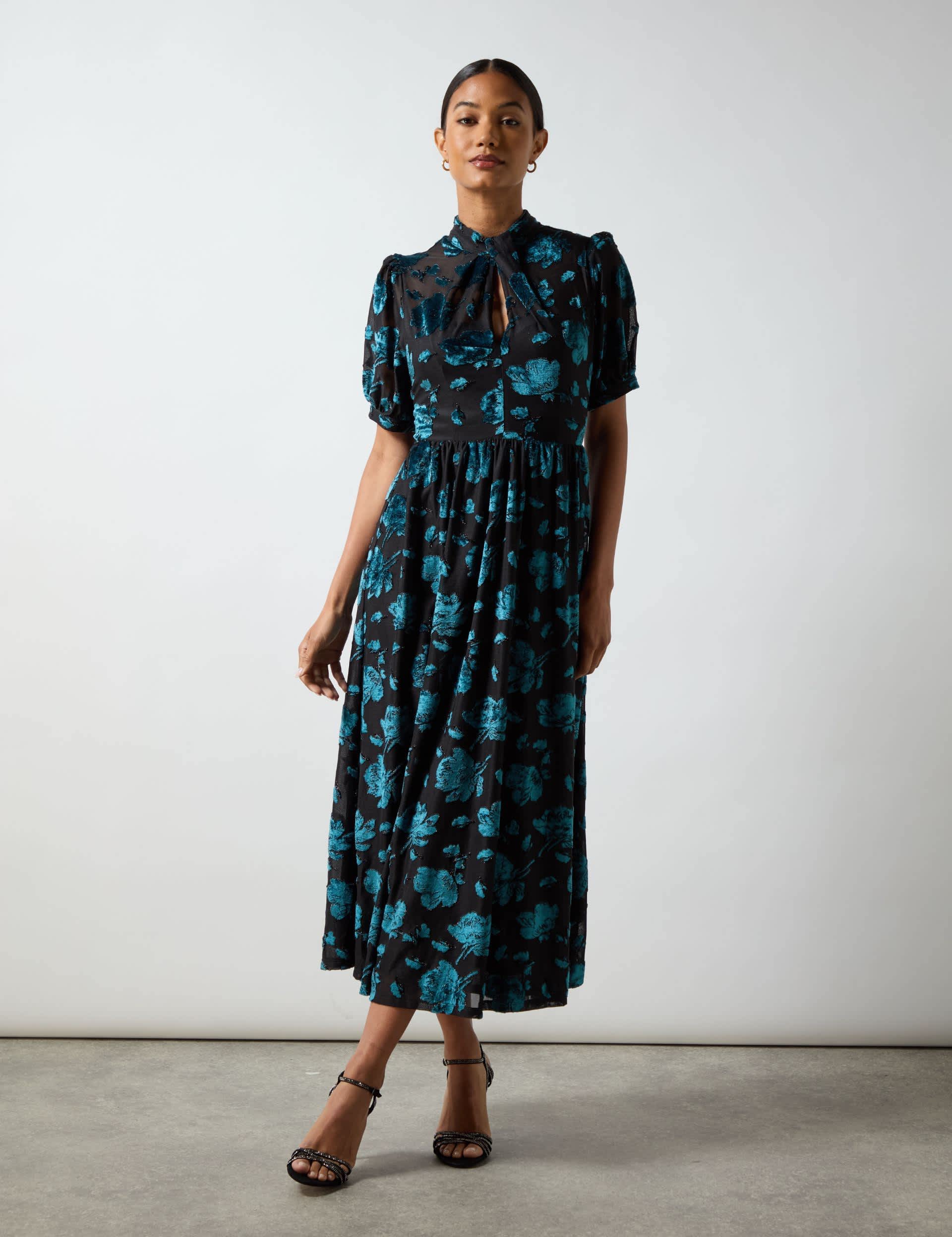 Ro&Zo Women's Floral High Neck Midi Tea Dress - 12REG - Teal Mix, Teal Mix