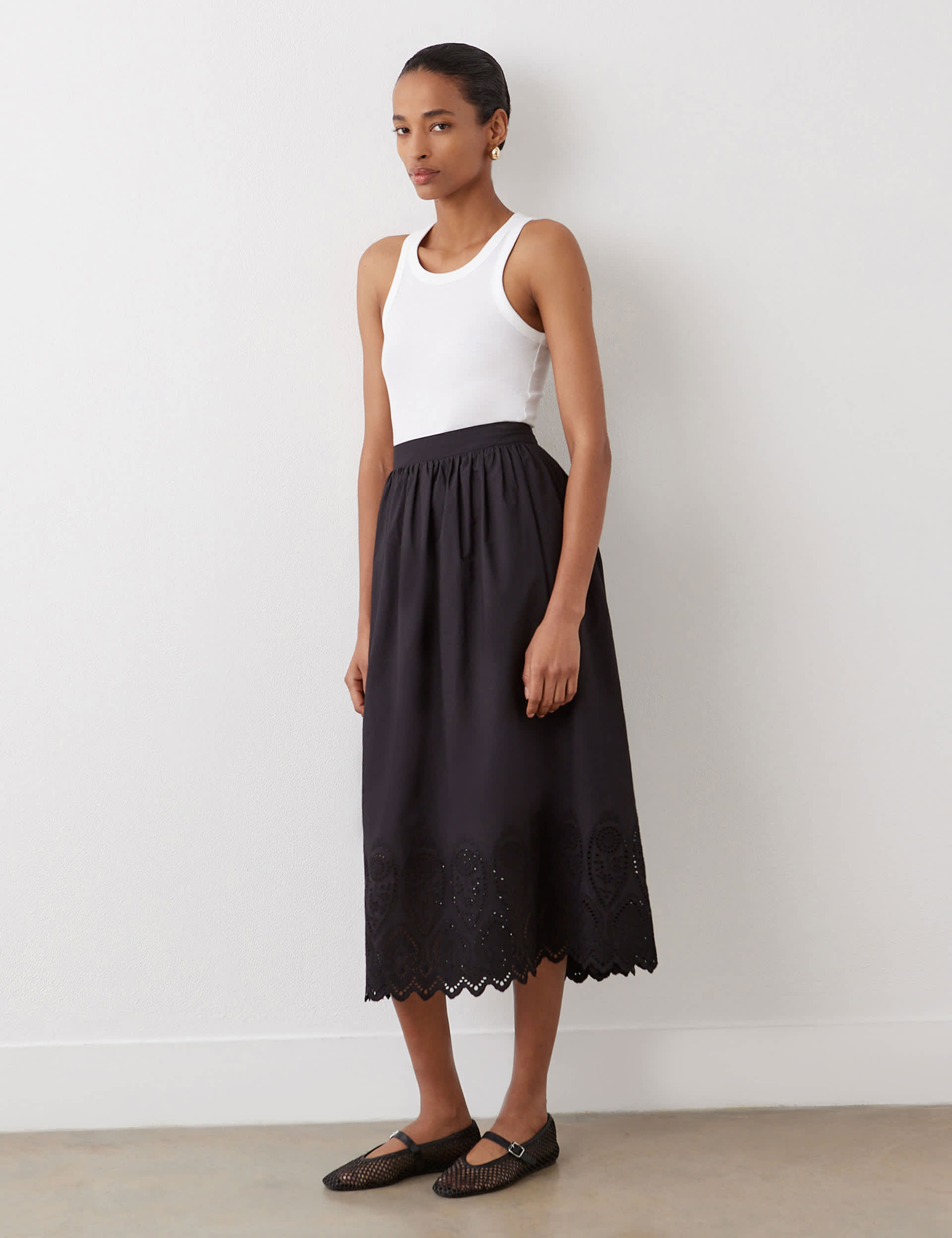 Finery London Women's Pure Cotton Cutwork Detail Midi A-Line Skirt - 16 - Black, Black,White