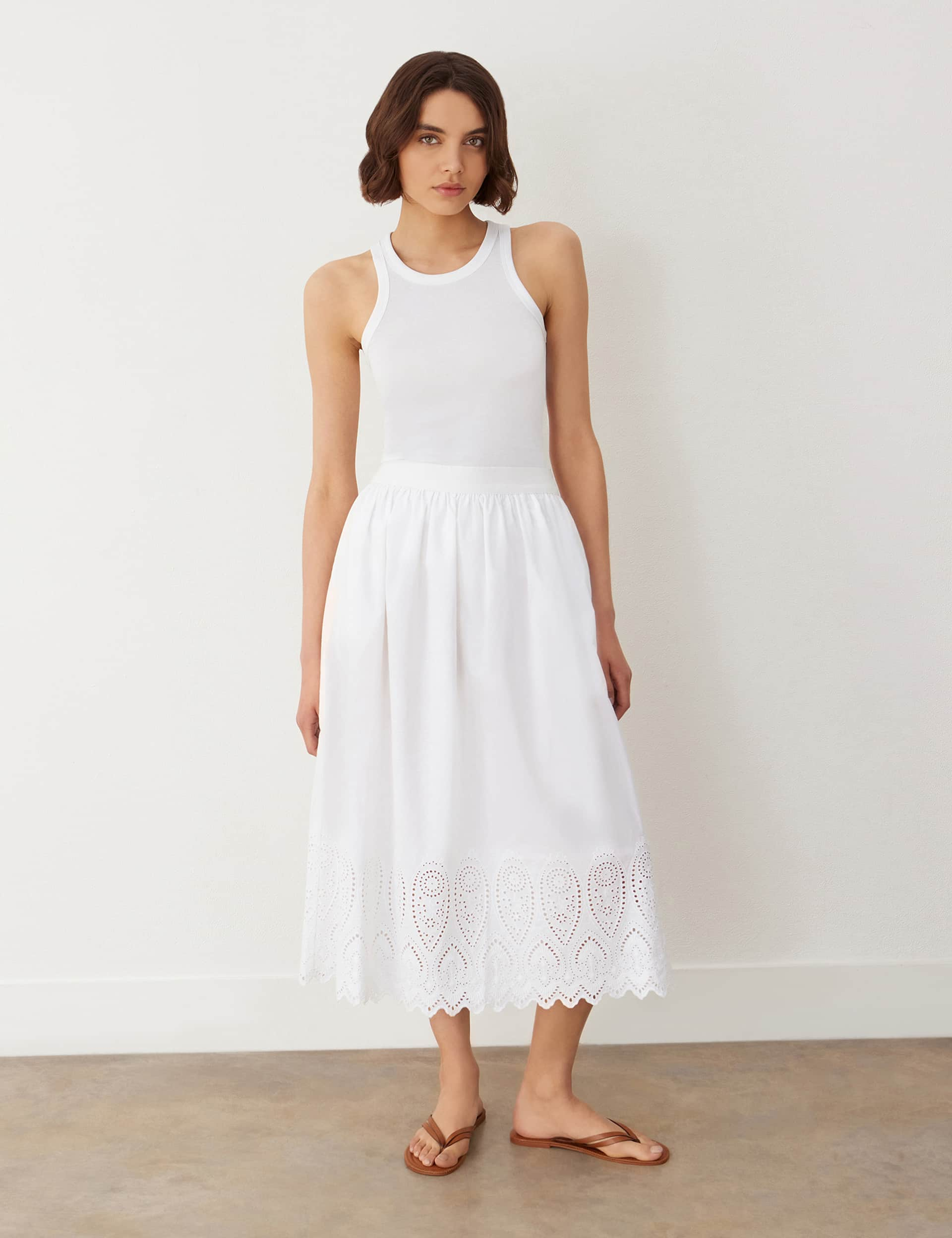 Finery London Women's Pure Cotton Cutwork Detail Midi A-Line Skirt - 22 - White, White,Black