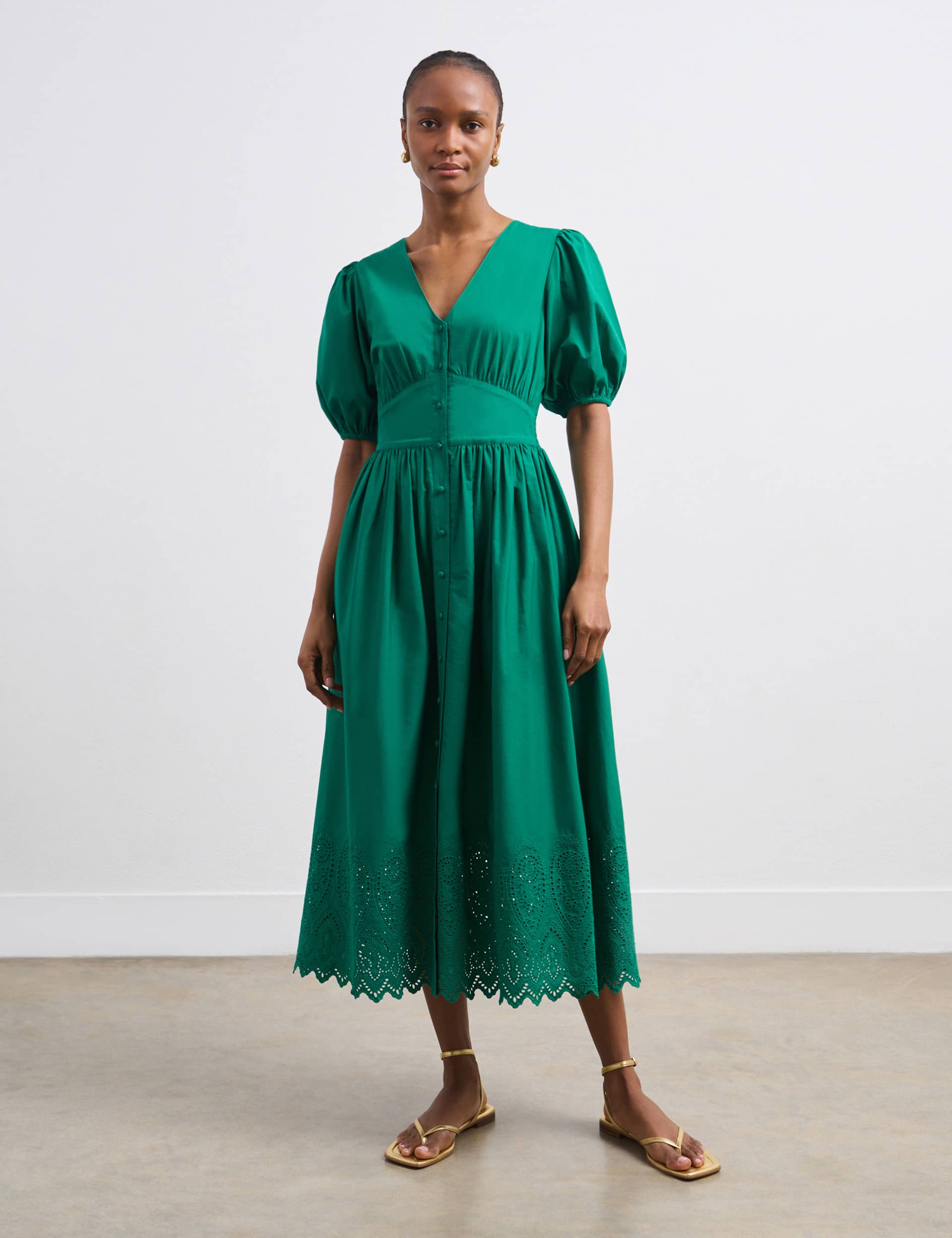 Finery London Women's Pure Cotton V-Neck Midi Waisted Dress - 12 - Green, Navy,Green