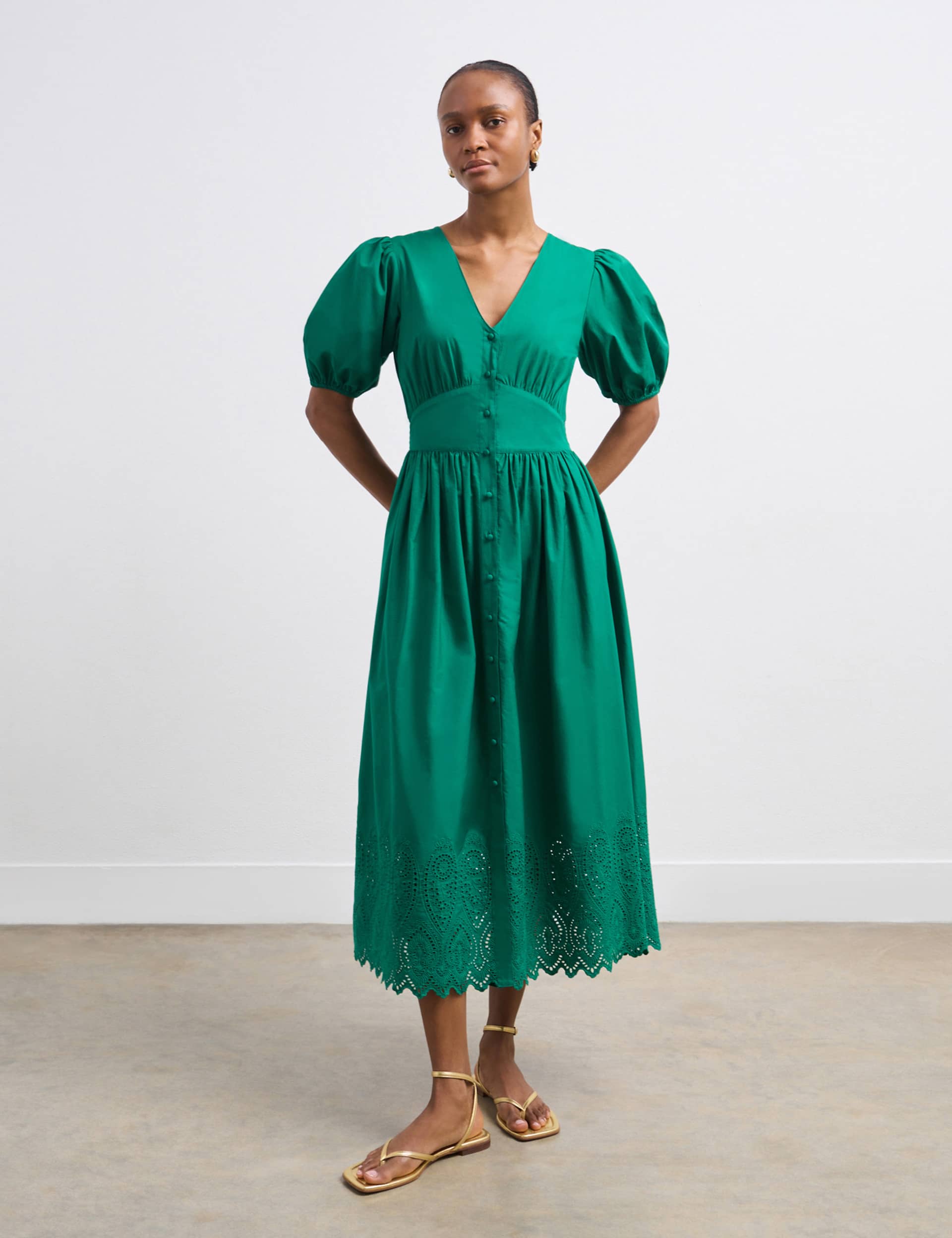 Finery London Women's Pure Cotton V-Neck Midi Waisted Dress - 8 - Green, Green