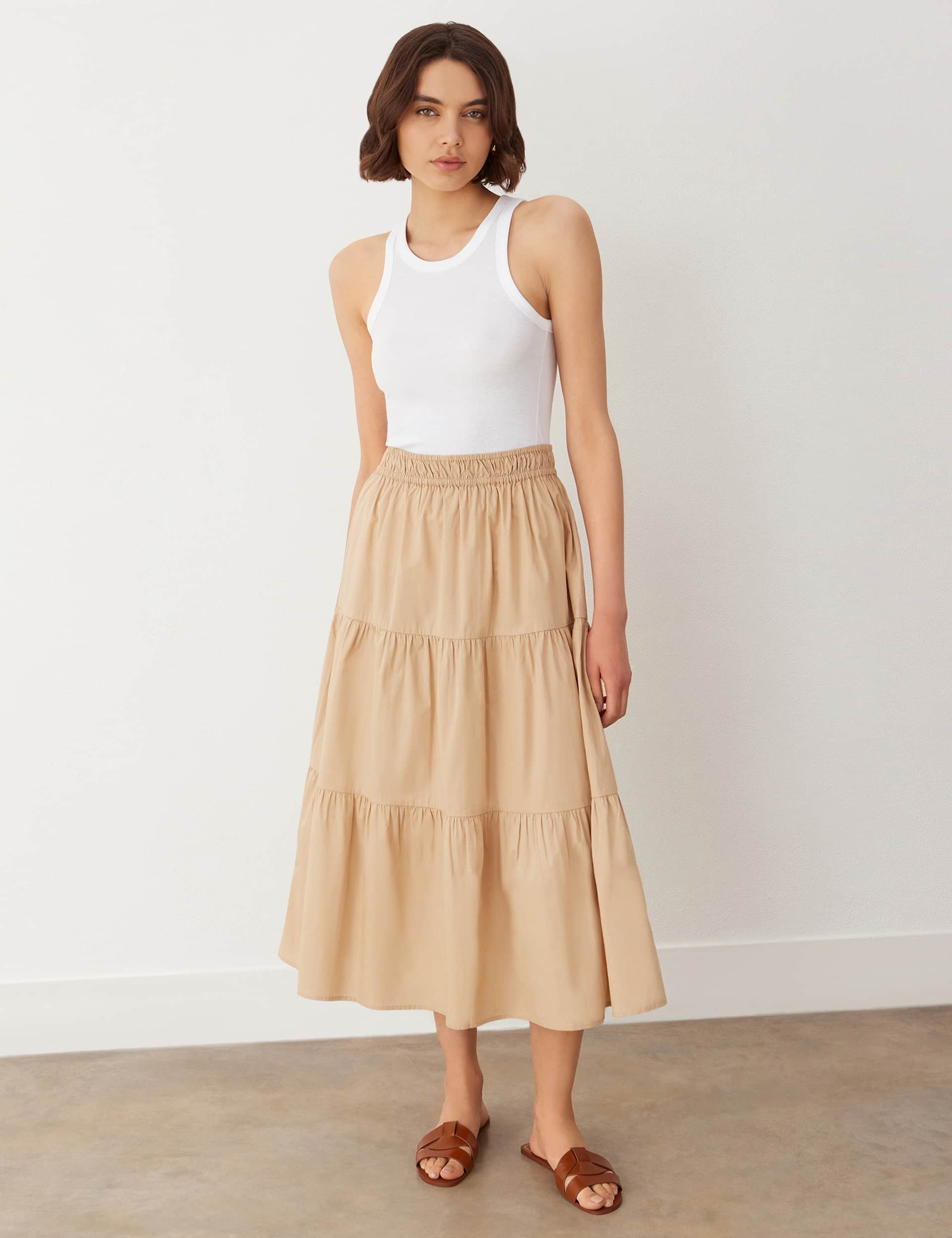 Finery London Women's Pure Cotton Midi Tiered Skirt - 18 - Stone, Stone