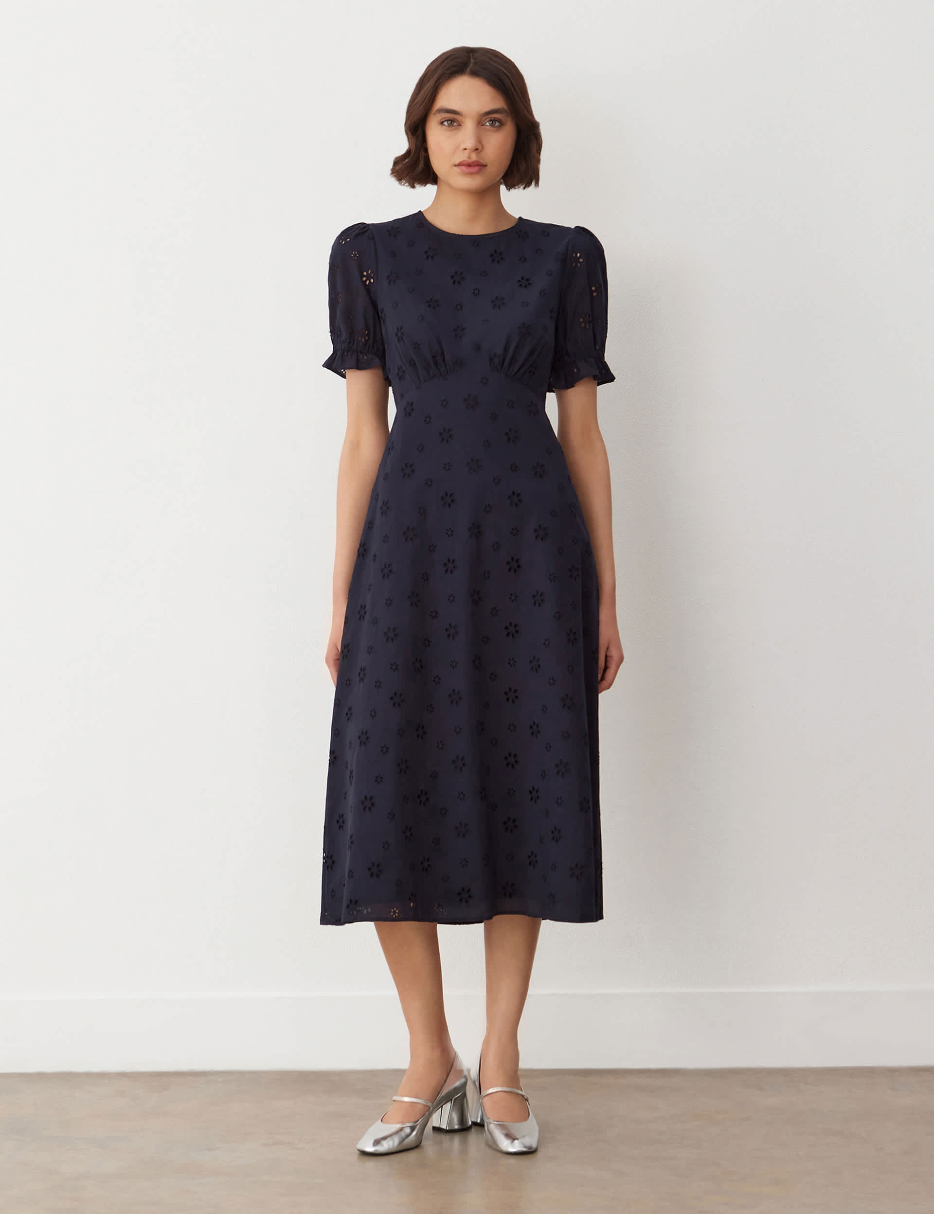 Finery London Women's Pure Cotton Embroidered Midi Tea Dress - 16 - Navy, Navy