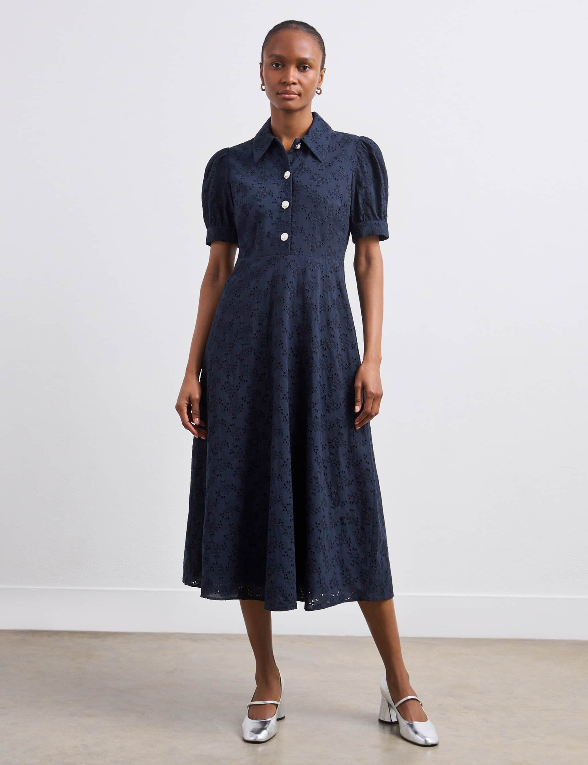 Finery London Women's Pure Cotton Embroidered Midi Tea Dress - 18 - Navy, Navy