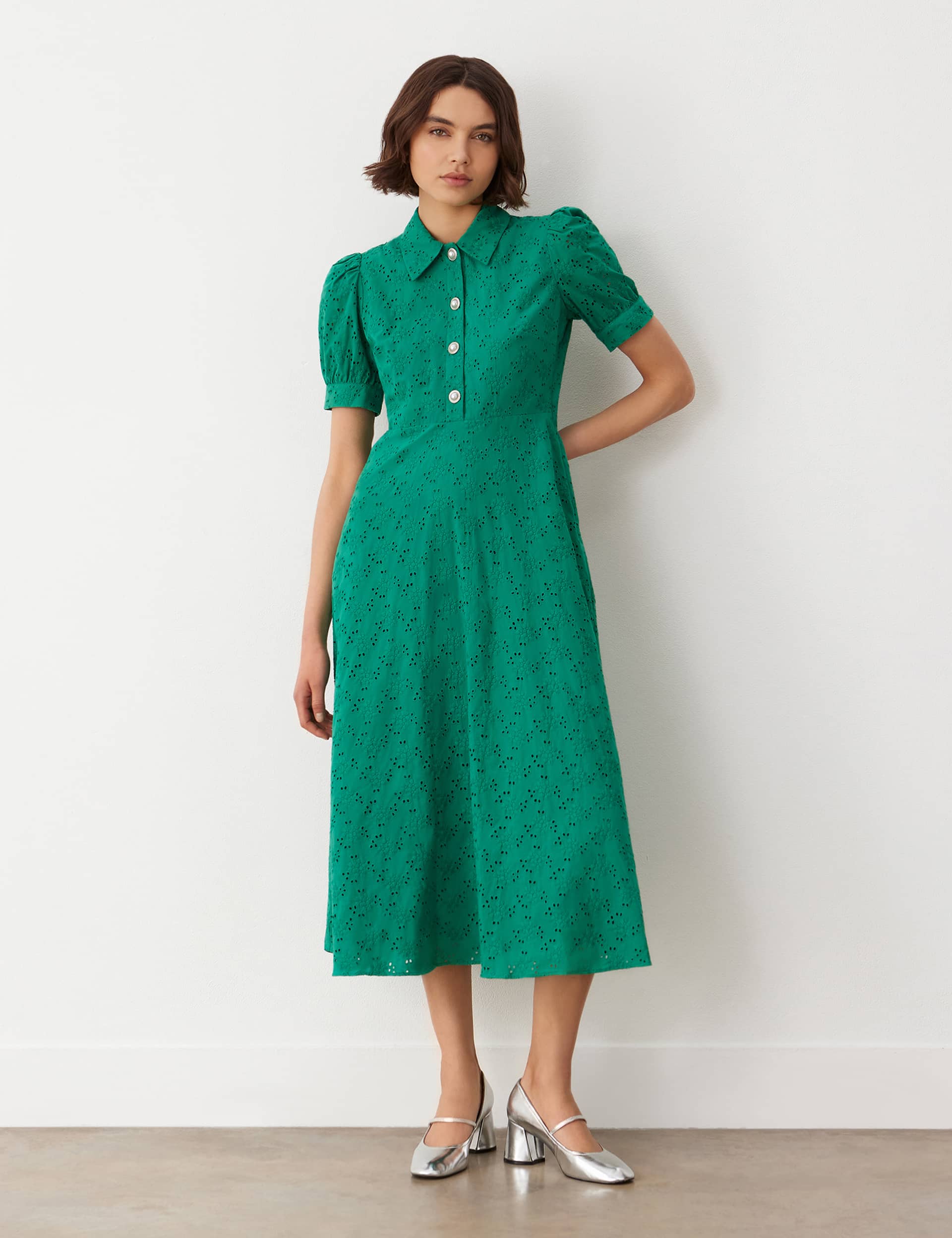 Finery London Women's Pure Cotton Embroidered Midi Tea Dress - 18 - Green, Green,Navy