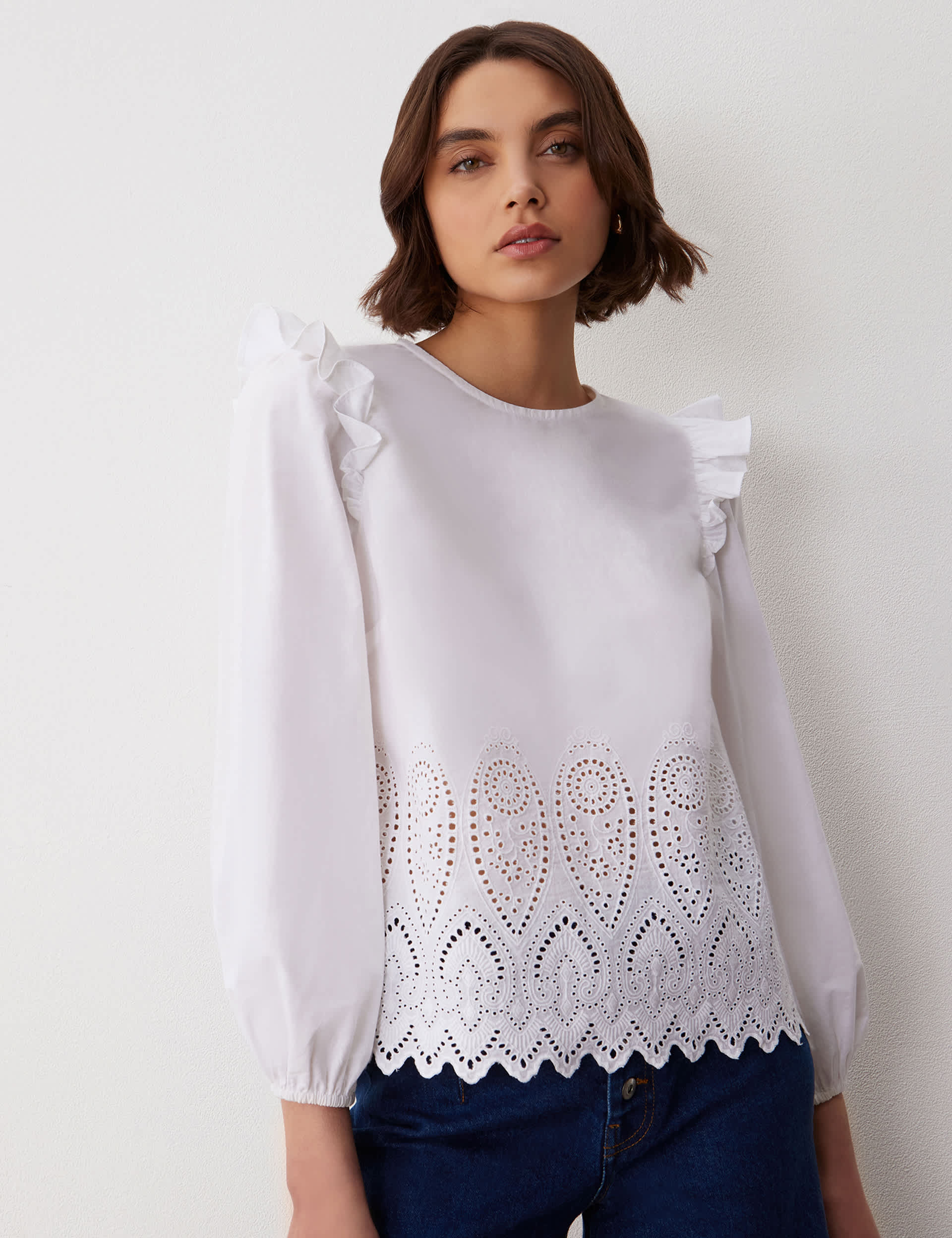 Finery London Women's Pure Cotton Ruffle Cutwork Detail Blouse