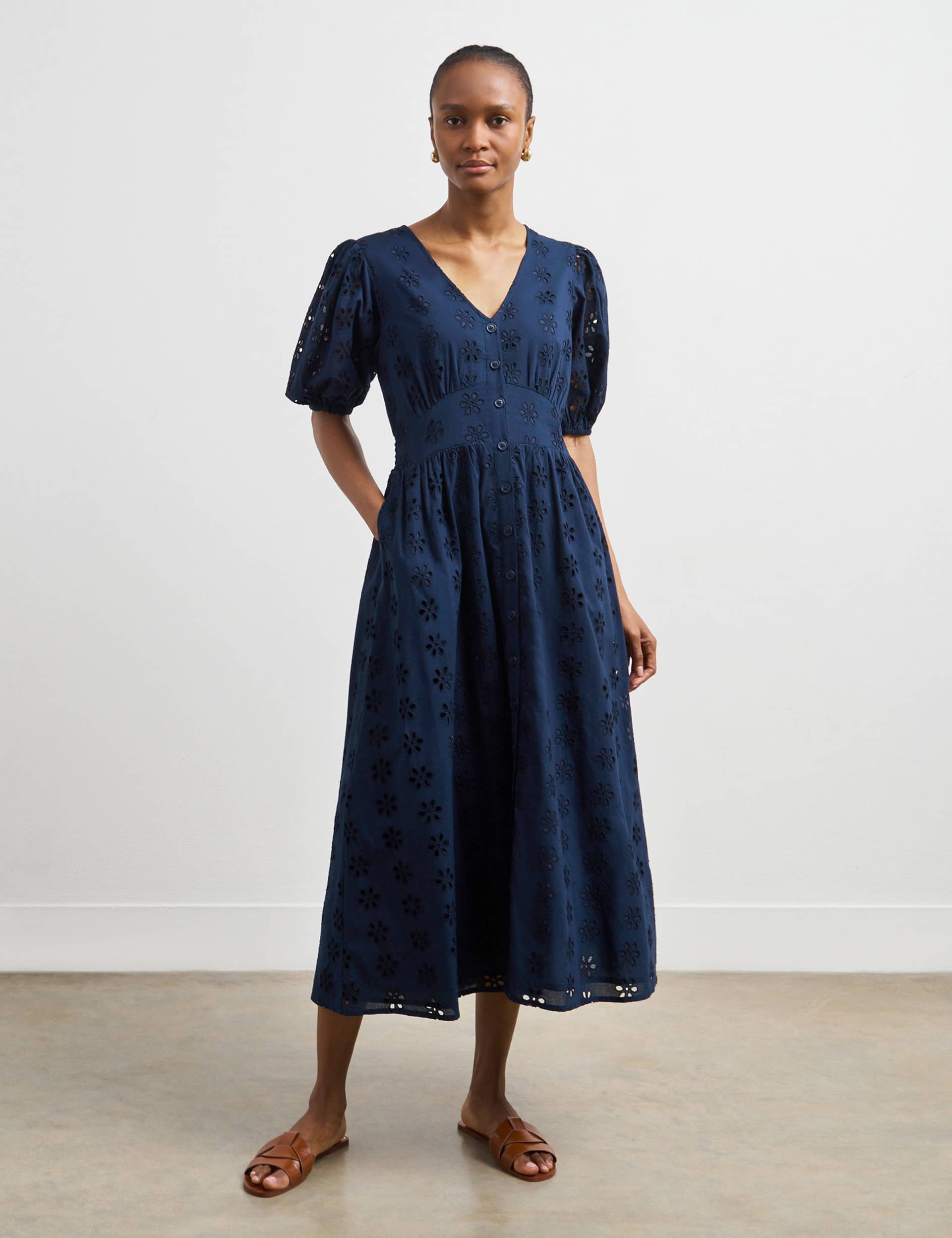 Finery London Women's Pure Cotton Embroidered V-Neck Midi Dress - 10 - Navy, Navy