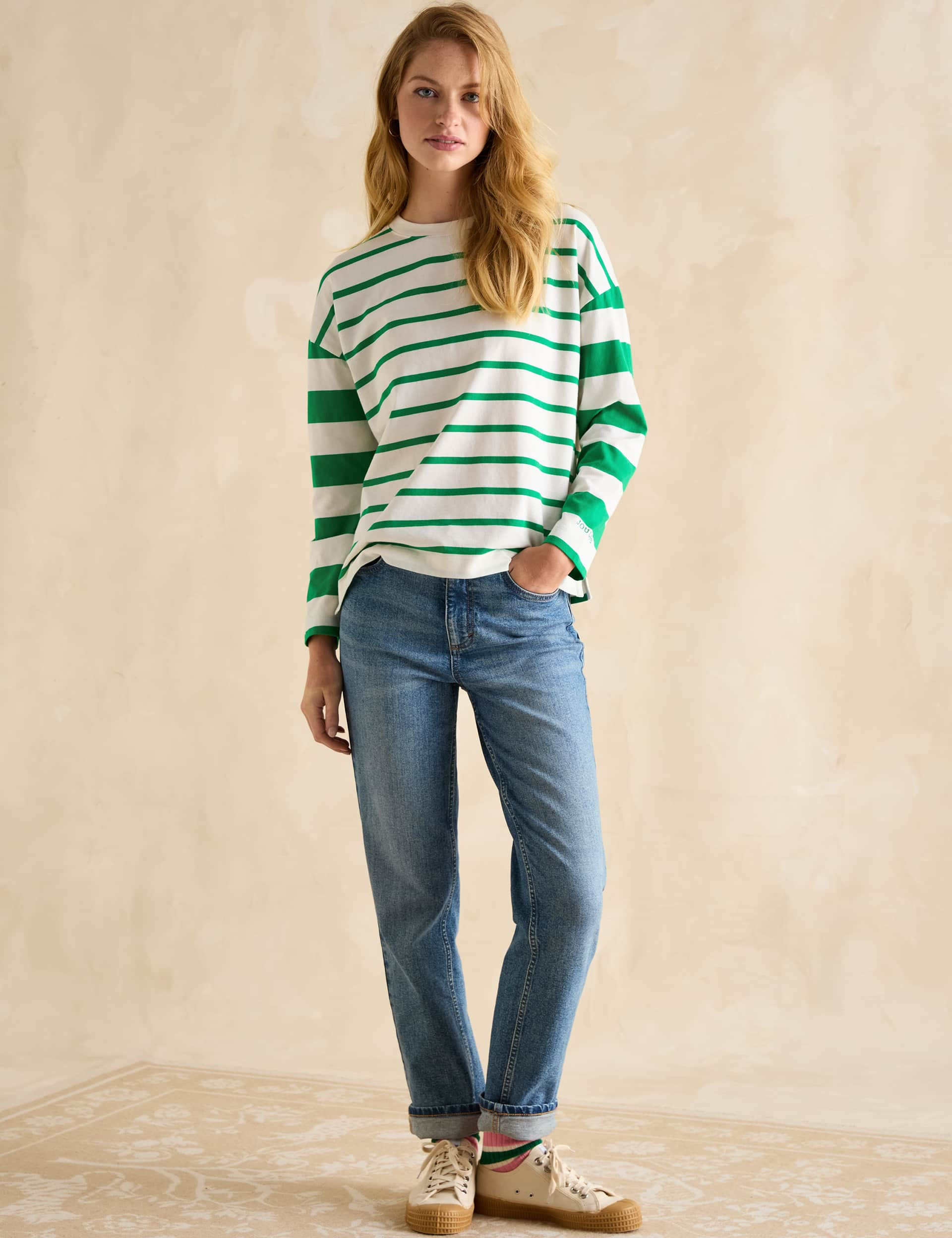 Joules Women's Pure Cotton Striped Crew Neck Top - 20 - Green Mix, Green Mix