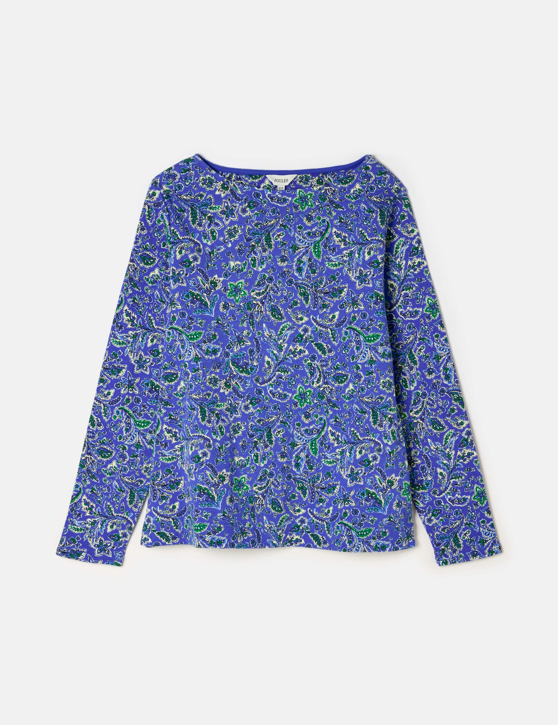 Joules Women's Pure Cotton Printed Slash Neck Top - 12 - Blue Mix, Blue Mix