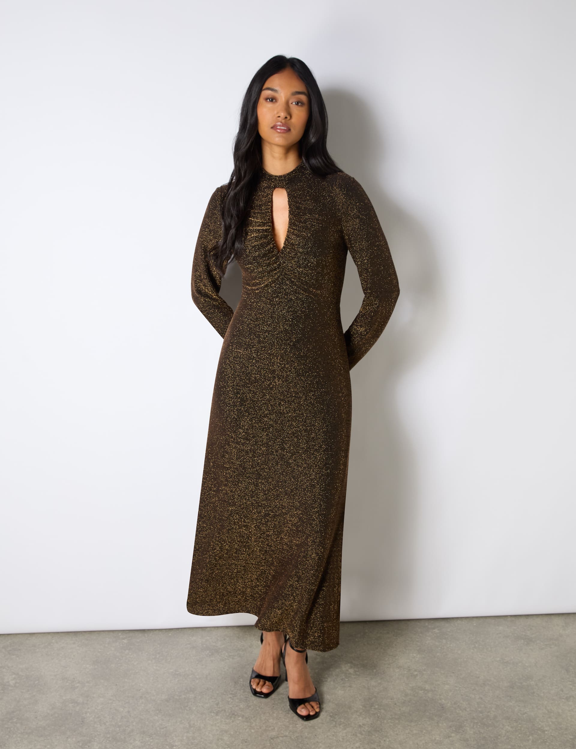 Ro&Zo Women's Sparkly High Neck Keyhole Midi Waisted Dress - 14REG - Gold Mix, Gold Mix