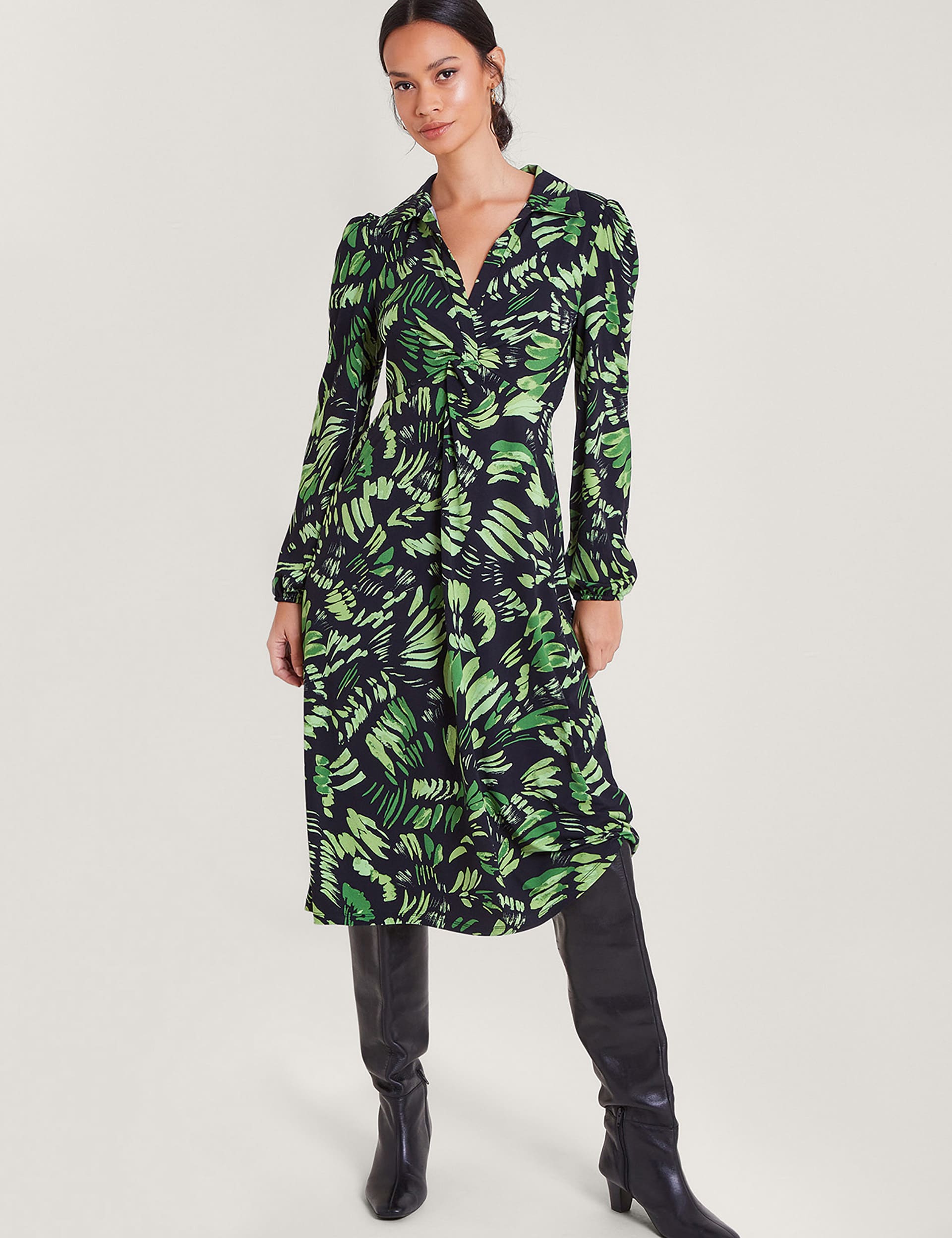 Monsoon Women's Printed Twist Front Midi Shirt Dress - L - Green Mix, Green Mix