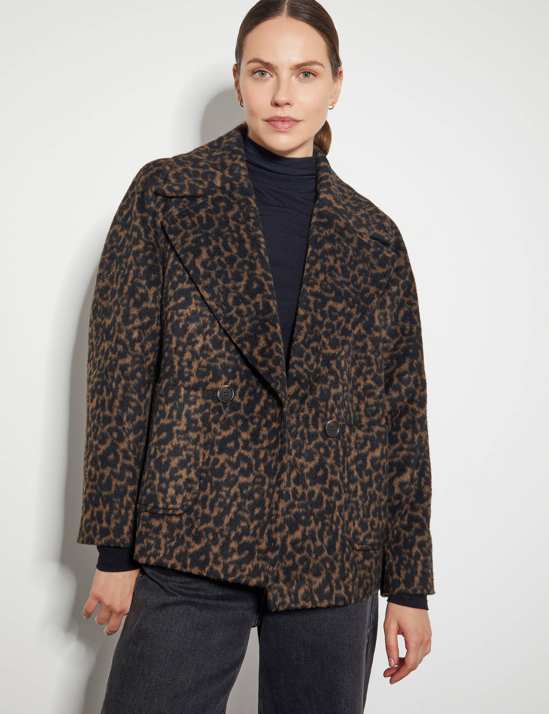 Monsoon Women's Animal Print Double Breasted Blazer with Wool - Black Mix, Black Mix