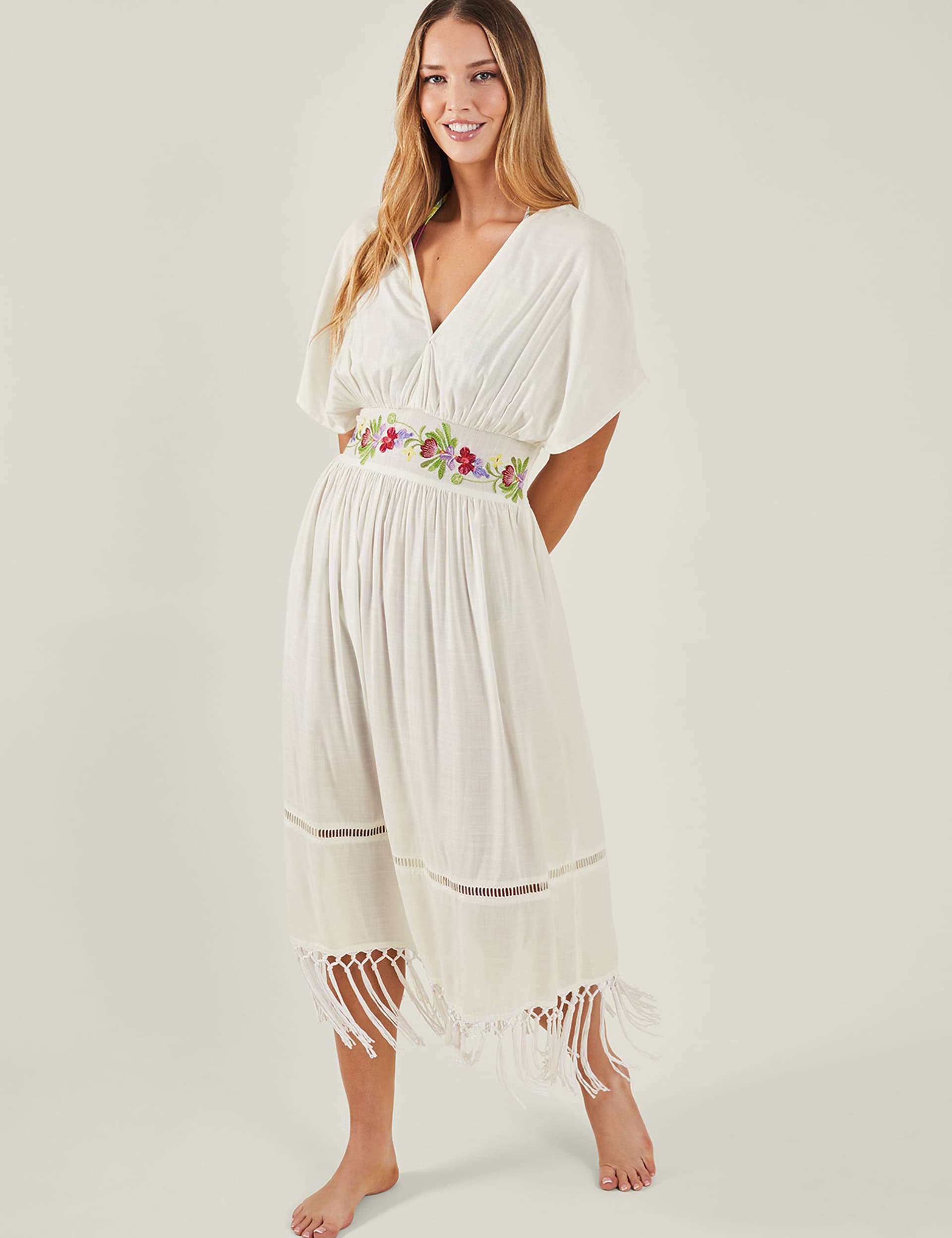 Accessorize Women's Embroidered V-Neck Maxi Kaftan Dress - XS - Ivory, Ivory