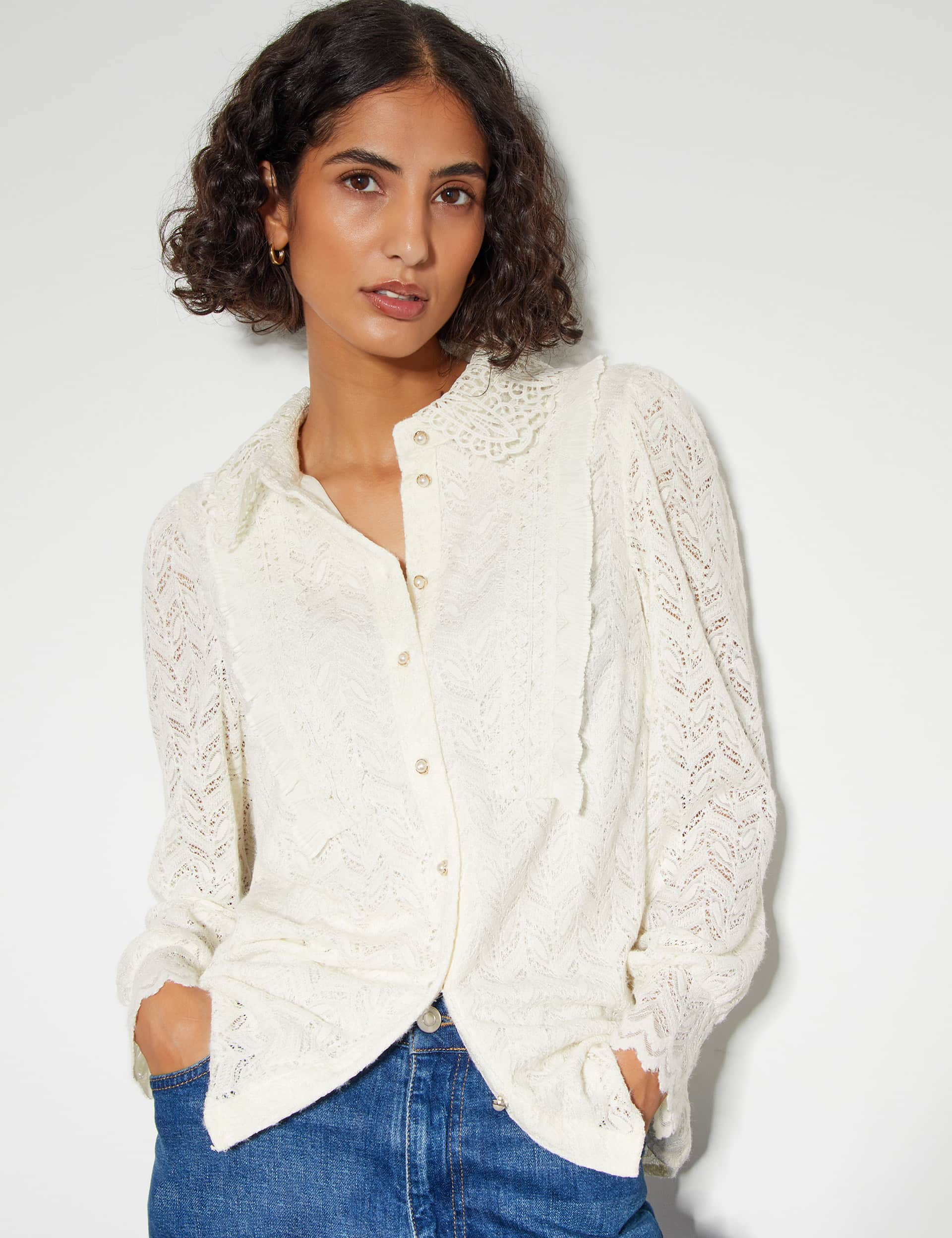 Monsoon Women's Lace Collared Button Through Blouse - 24 - Ivory, Ivory