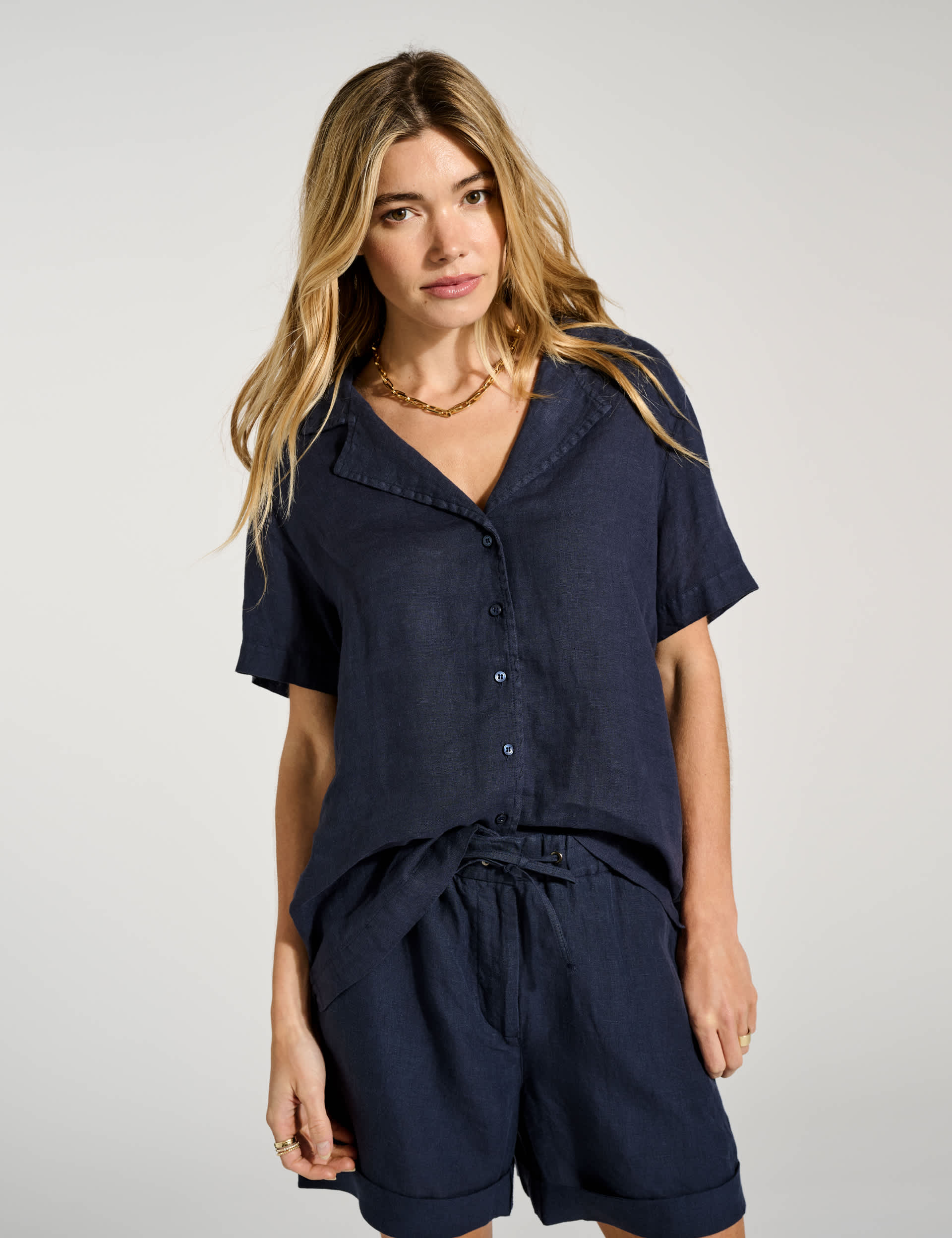 Baukjen Women's Pure Linen Collared Relaxed Shirt - 10 - Dark Indigo, Dark Indigo