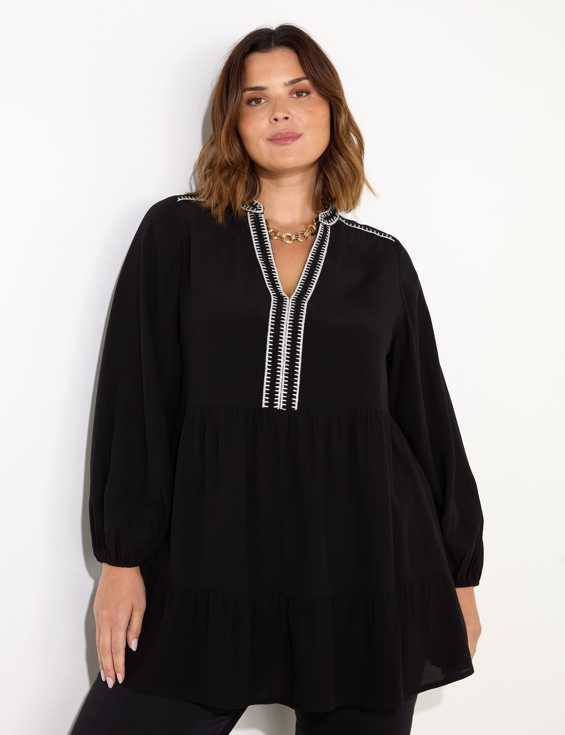 Live Unlimited London Women's V-Neck Blanket Stitch Tunic - 16 - Black, Black