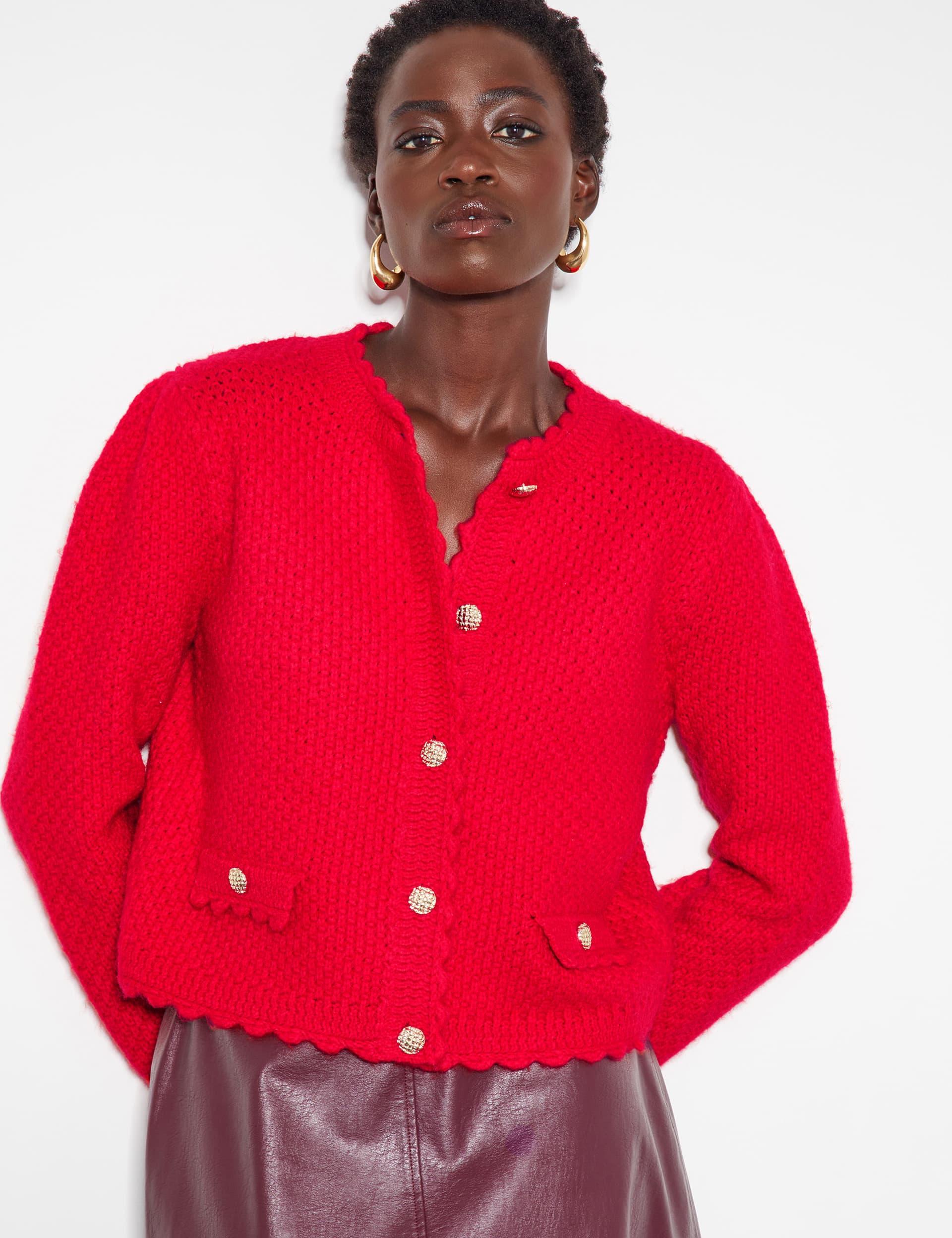 Monsoon Women's Textured Crew Neck Button Front Cardigan - S, Red