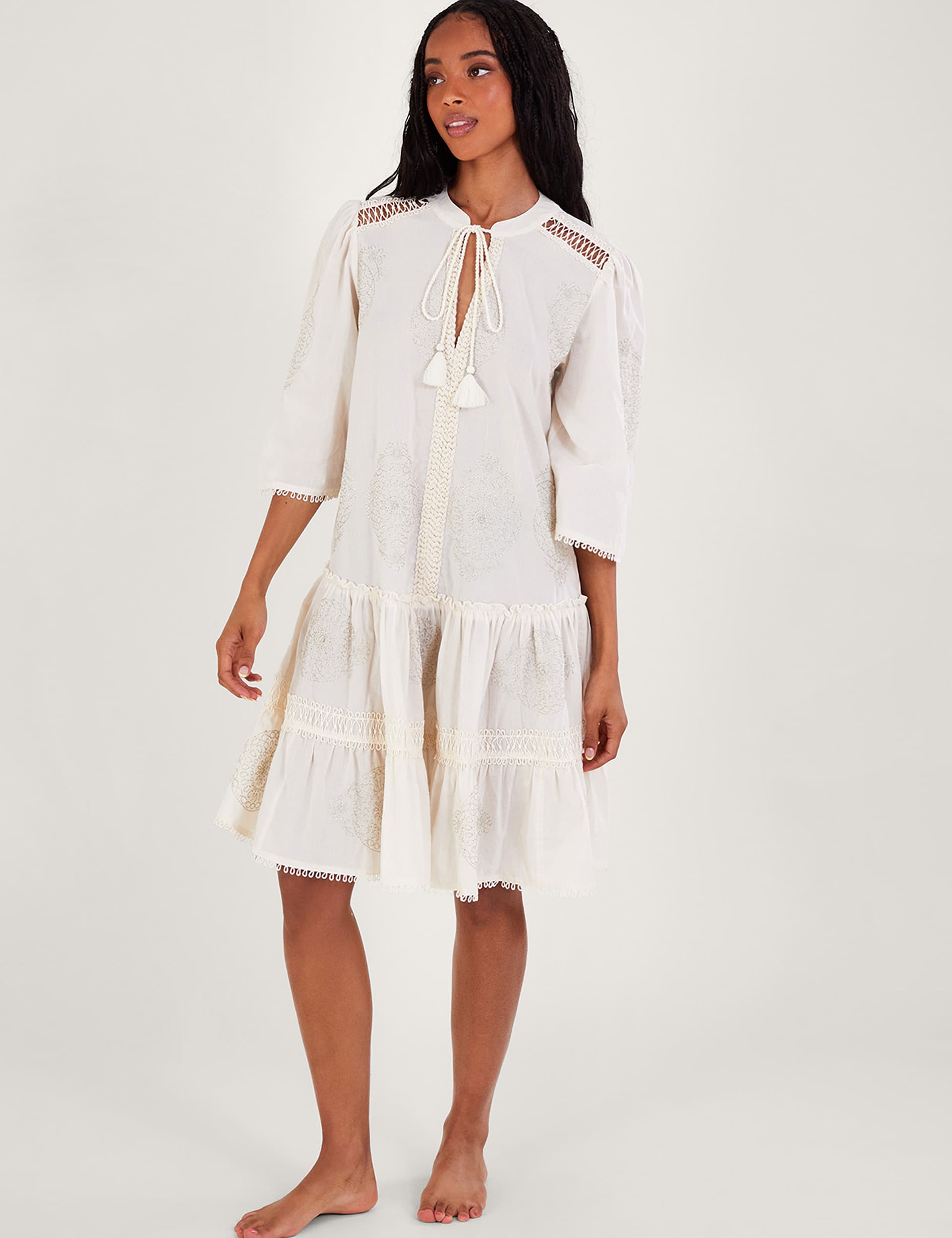 Monsoon Women's Pure Cotton Embroidered Kaftan Dress - XXL - Ivory Mix, Ivory Mix