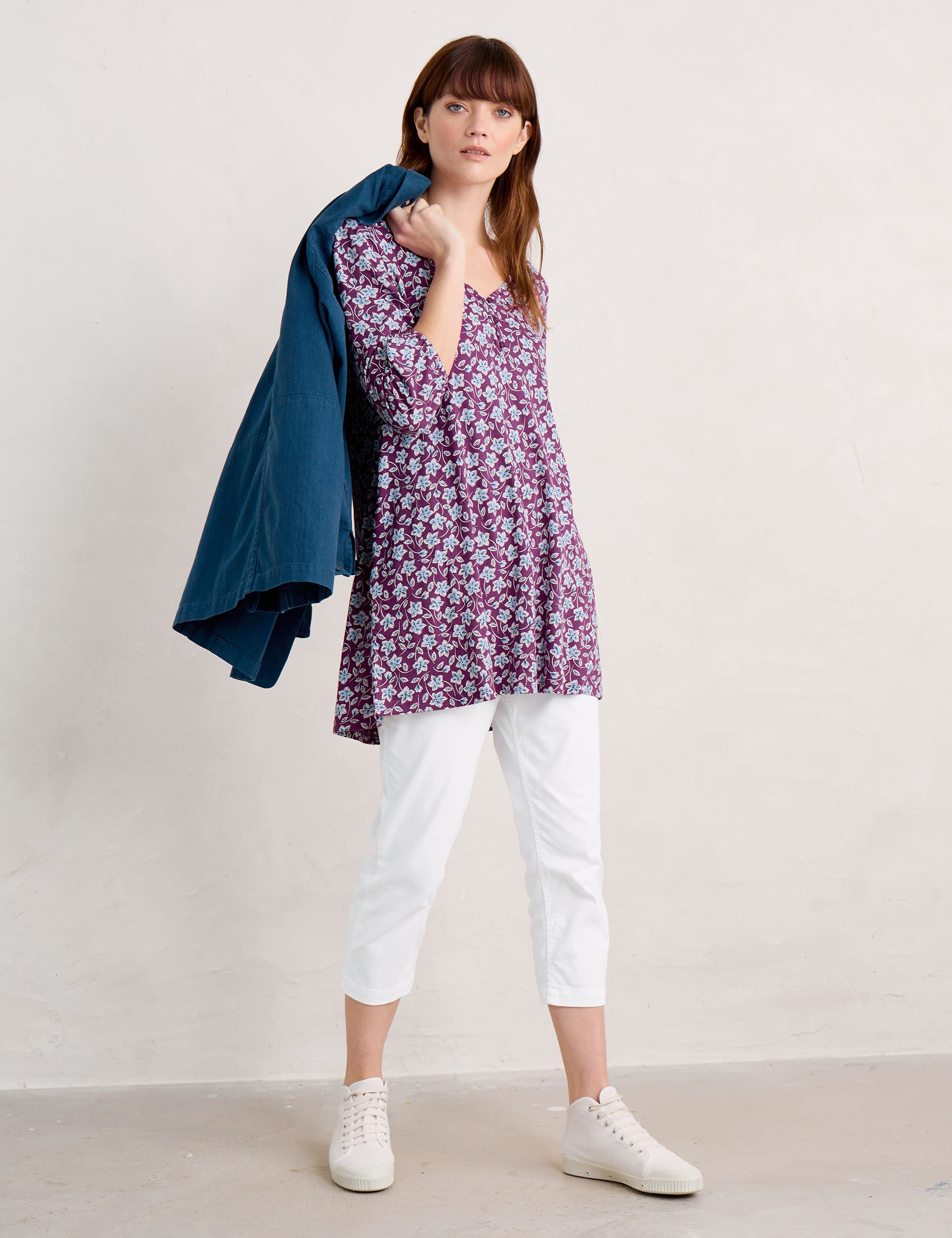 Seasalt Cornwall Women's Cotton Rich Floral V-neck Tunic - 14 - Purple Mix, Purple Mix