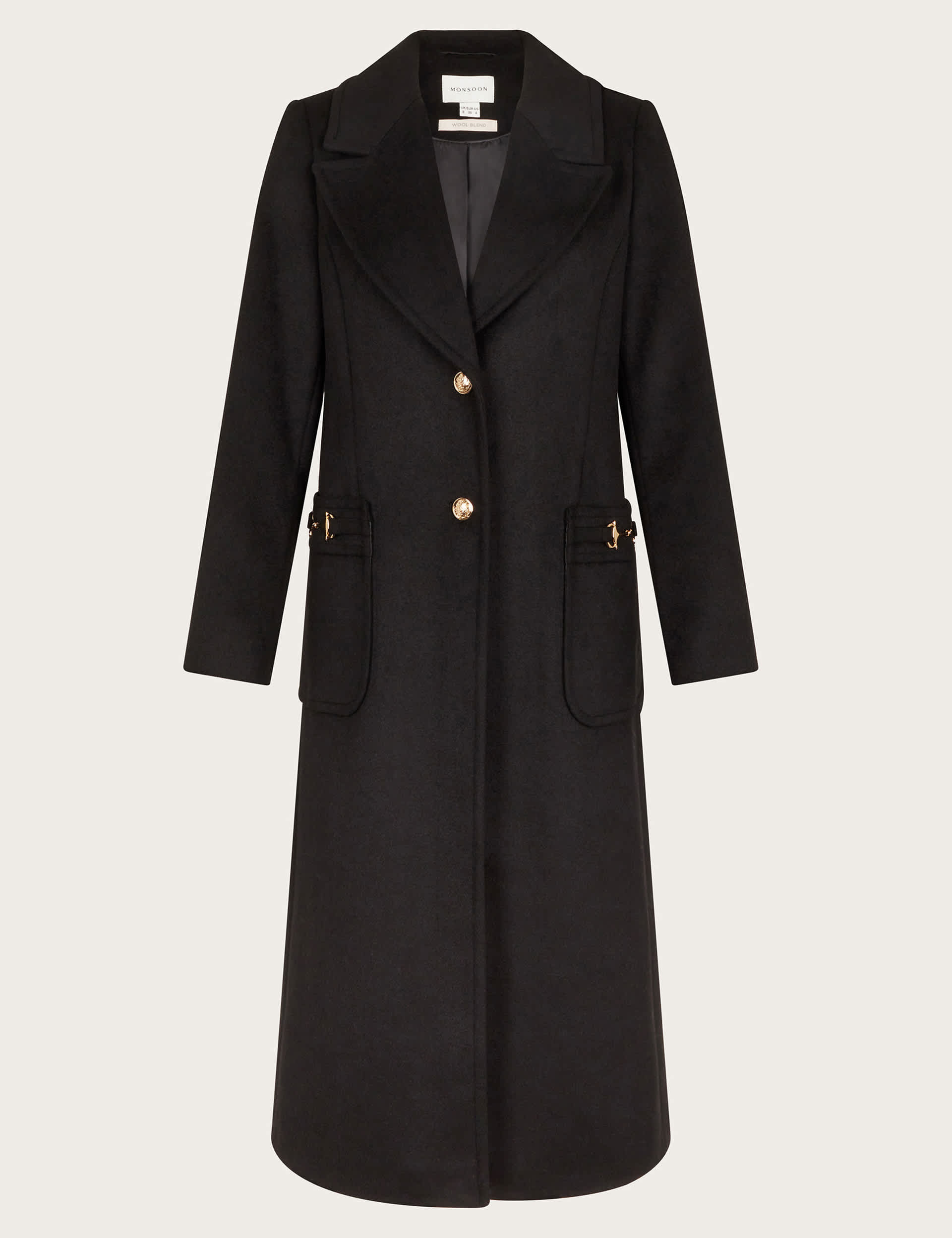 Monsoon Women's Single Breasted Longline Peacoat with Wool - 14 - Black, Black