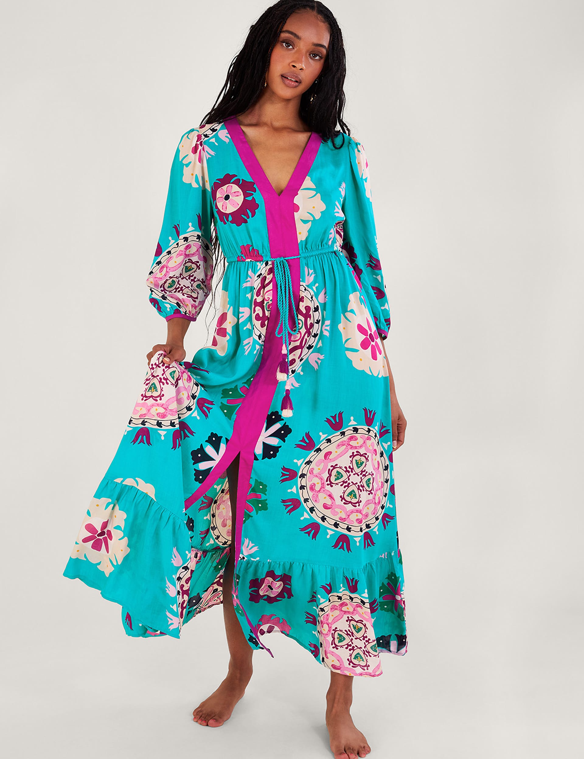 Monsoon Women's Printed V-Neck Tie Waist Maxi Smock Dress - Turquoise, Turquoise