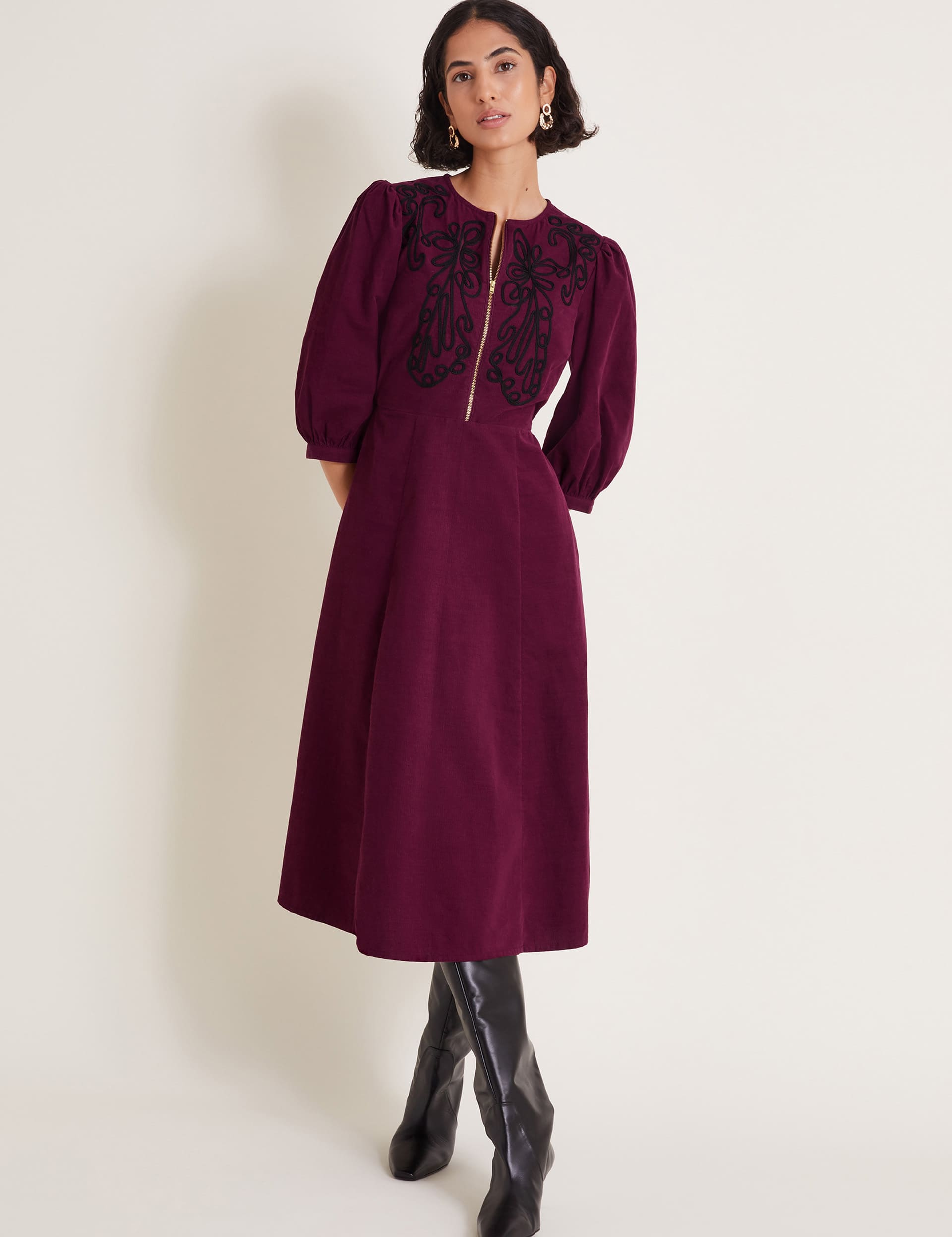 Monsoon Women's Pure Cotton Cord Embroidered Midi Tea Dress - 22 - Burgundy Mix, Burgundy Mix